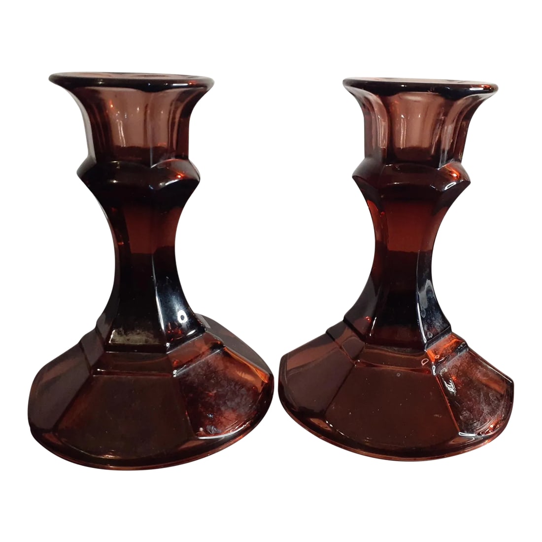 1970s Amethyst Glass Candle Holders - Set of 2: These are Amethyst 4" Glass Candle Holders Set of 2 Procured at an auction Condition: Alterations: Original Condition Unaltered Imperfections: Some Imperfections Condition Notes: No chips or cracks