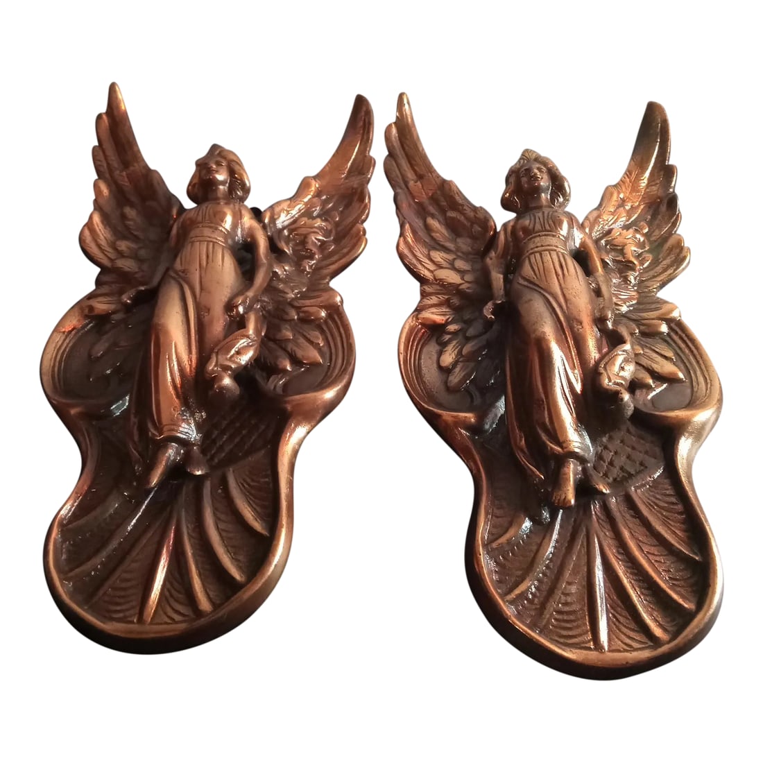 1970s Bronzed Sculpture of Winged Angel Wall Decor- Set of 2: These are Bronzed 10" Sculpture of Winged Angel Wall Decor Set of 2 Procured at auction BOX 41 Condition: Alterations: Original Condition Unaltered Imperfections: Some Imperfections Condition Notes: N