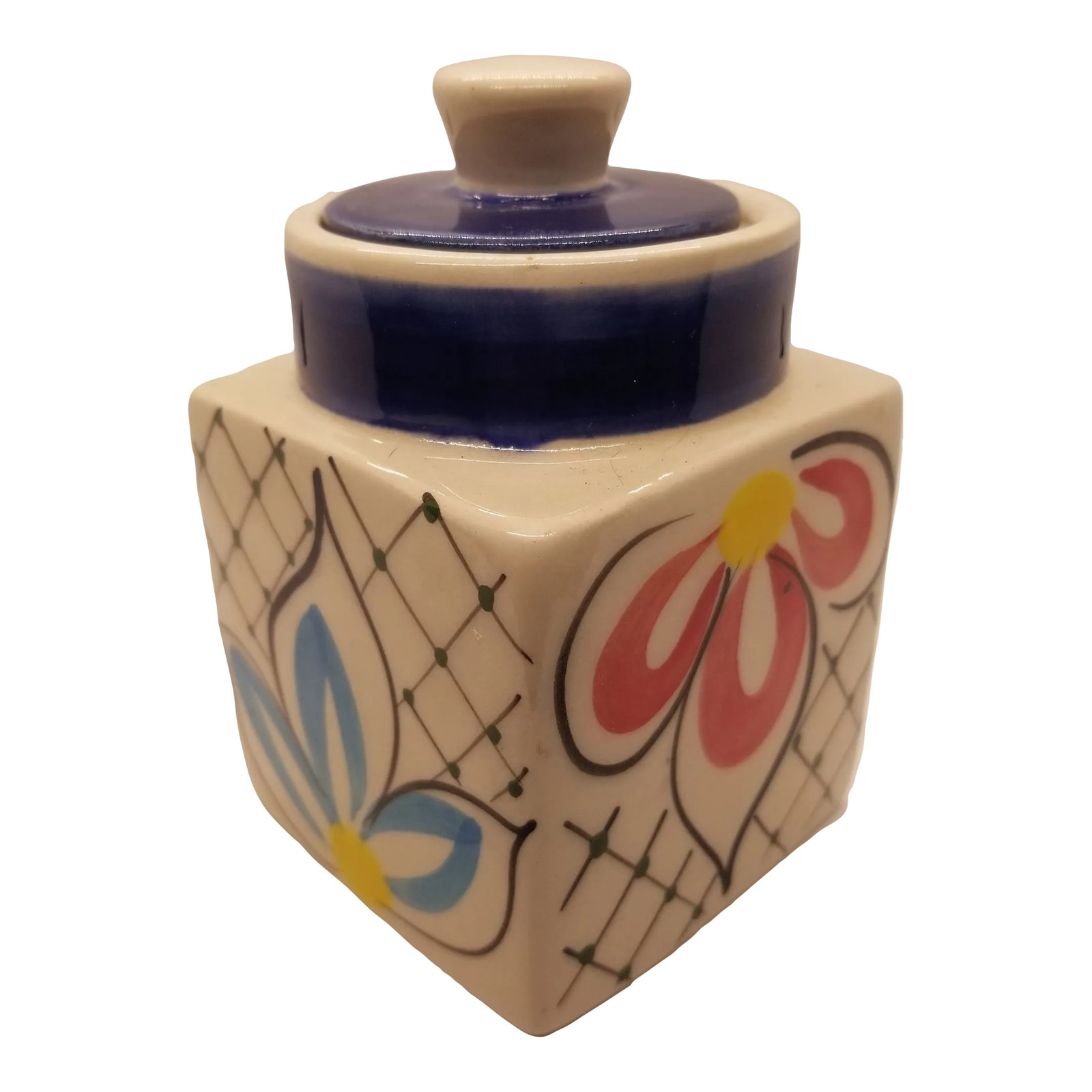 Vintage Polish Polmedia Pottery With Lid With a Jar: Handpainted Polish Pottery Jar with Lid. Condition: Alterations: Original Condition Unaltered Imperfections: Some Imperfections Condition Notes: No imperfections Materials & Techniques: Pottery <