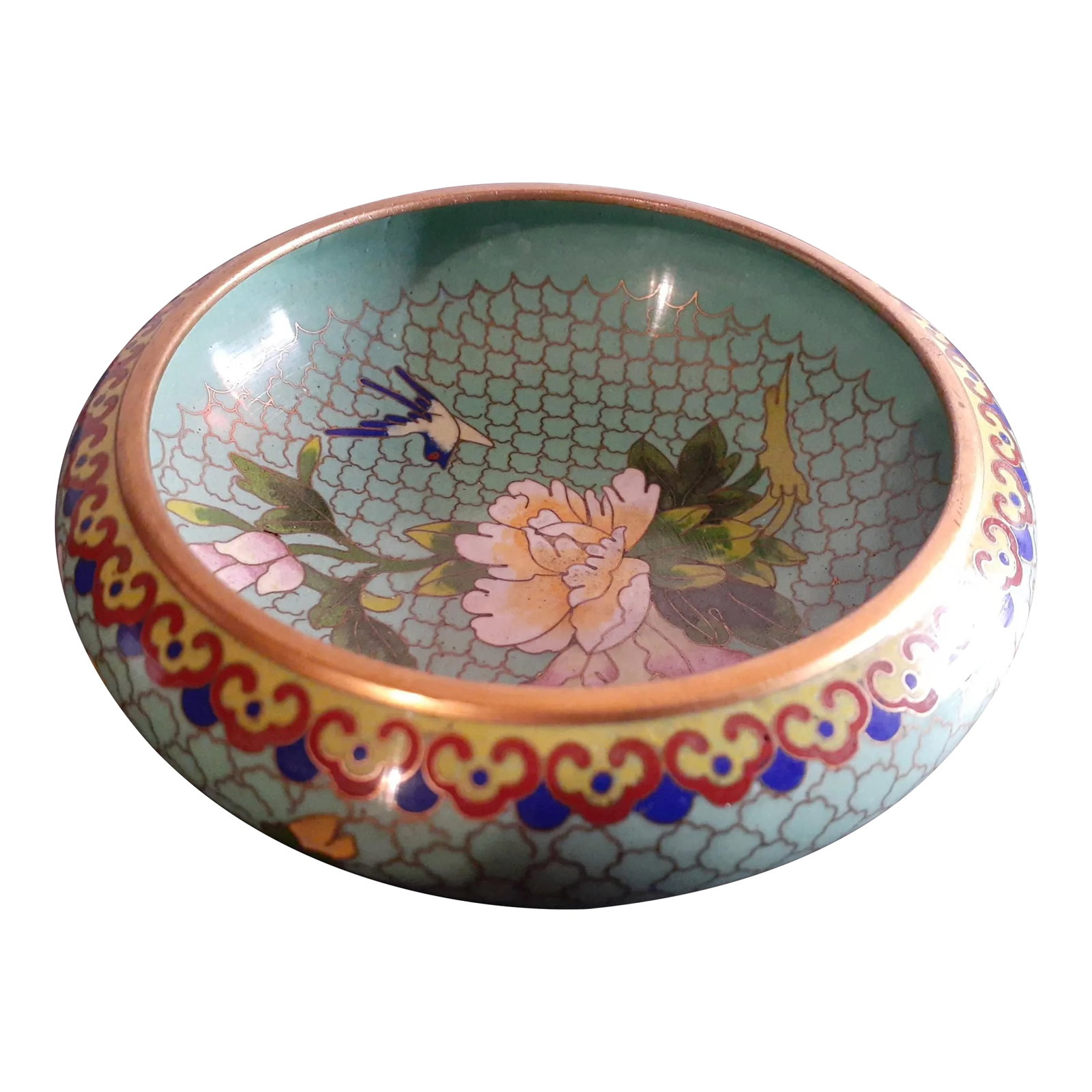 Vintage Cloisonne Shallow Decorative Bowl: Beautiful Cloisonne 6" shallow decorative bowl. Procured at antique mall. The pattern is floral, lime green color, very dainty & great vanity decor Condition: Imperfections: Some Imperfections