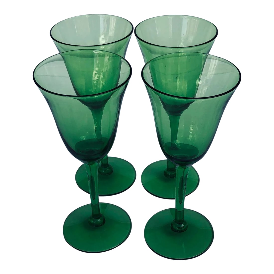 Vintage Green Glass Stemware S/4: Vintage set of 4 green cocktail glasses, stemware 2.40"D X 5.5"H , No makers mark, excellent condition. Condition: Alterations: Original Condition Unaltered Imperfections: Some Imperfections
