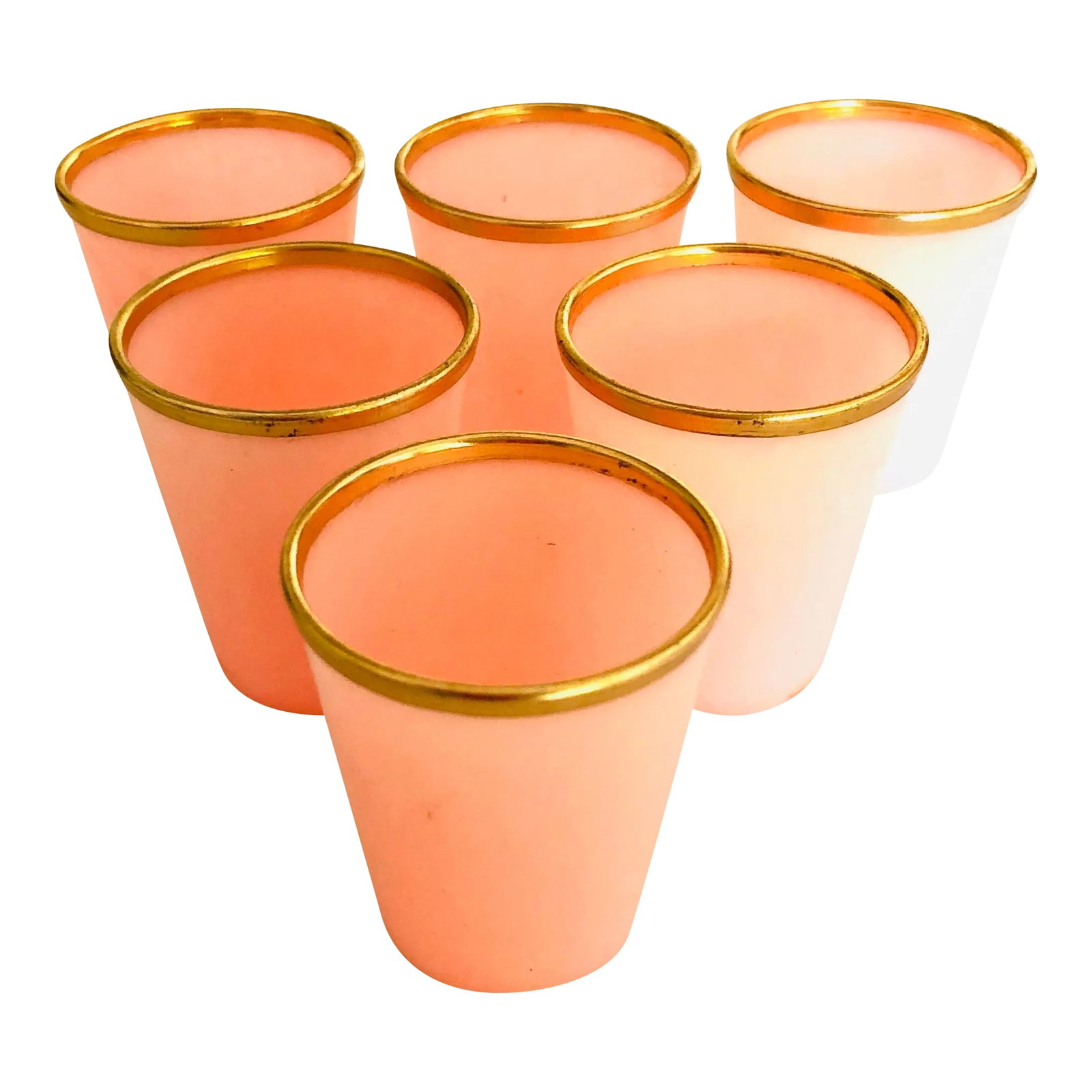 Hollywood Recency Pink & Gold Acrylic Shot Glasses S/6: Vintage Hollywood regency style set of 6 pink and gold rimmed acrylic shot glasses, makers mark reads "Hong Kong " They are in excellent condition. 1.5"D X 1.75"H Condition: Alterations: Original