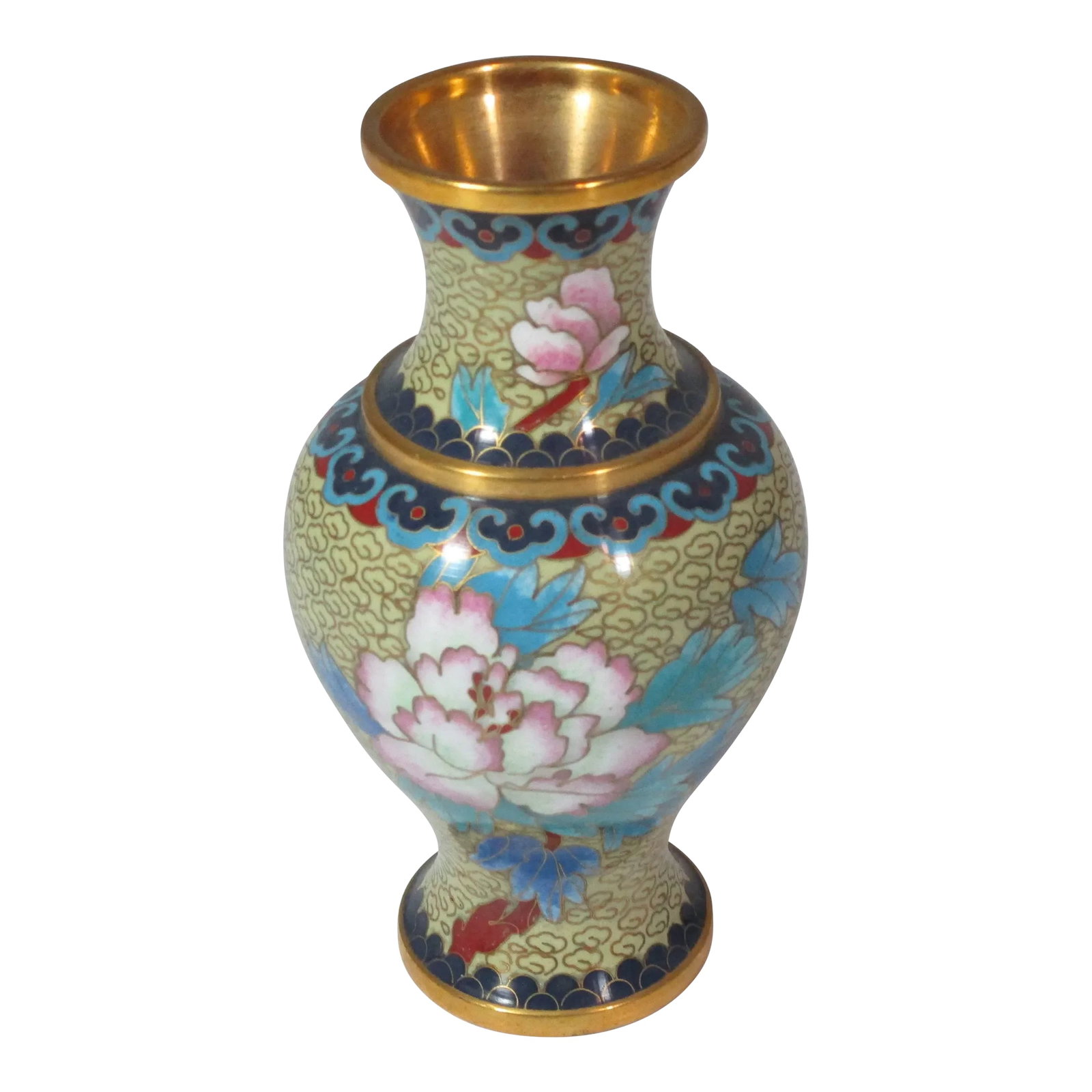 Vintage 1960s Floral Cloisonne Vase: Vintage Chinese cloisonne vase, hand crafted of brass and enamel. Decorated with rose and blue peony's, blue leaves and red, blue and black accents on a beige background. This wonderful vase will brin