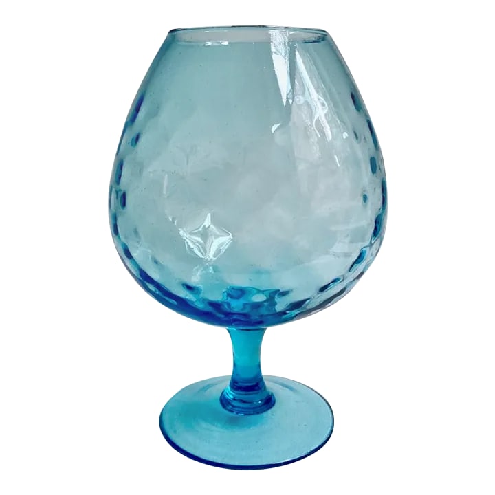 1960s Empoli Optic Aqua Art Glass Snifter Vase: Large Italian Mid-Century Modern Empoli Aqua Blue Diamond Art Glass Brandy Snifter. Goblet. Vase. Candle Holder. Featuring a hand blown, smooth textured, translucent Turquoise Blue Glass Vase, Brandy