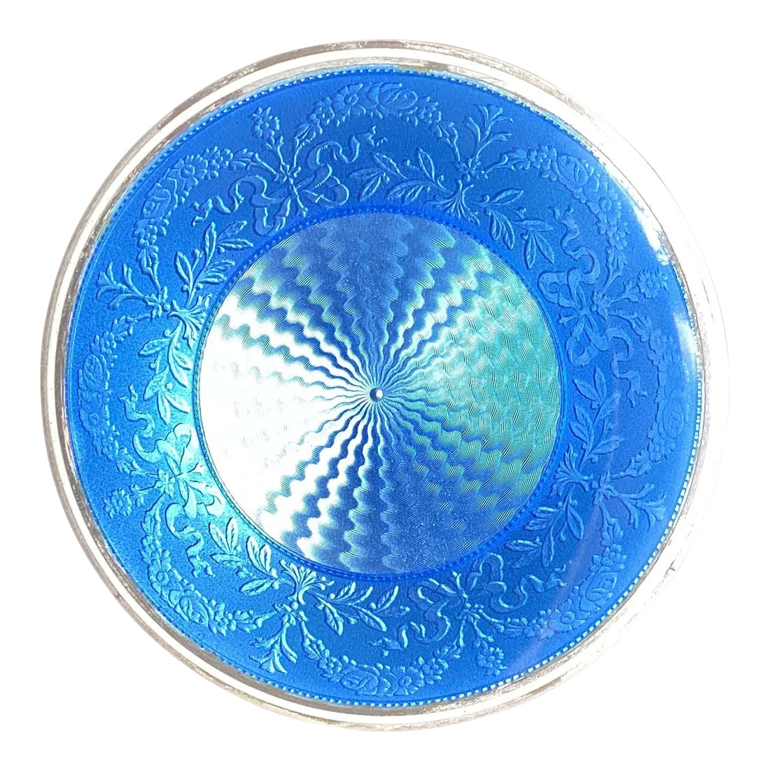 Mid 20th Century Brass Cloisonne Round Lidded Box: Vintage 20th century brass and blue enamel cloisonne lidded box. Round 3" diameter, exterior has a clear protective coating, interior engraved "BLC" and stamped # 2932. Condition: Alterations: