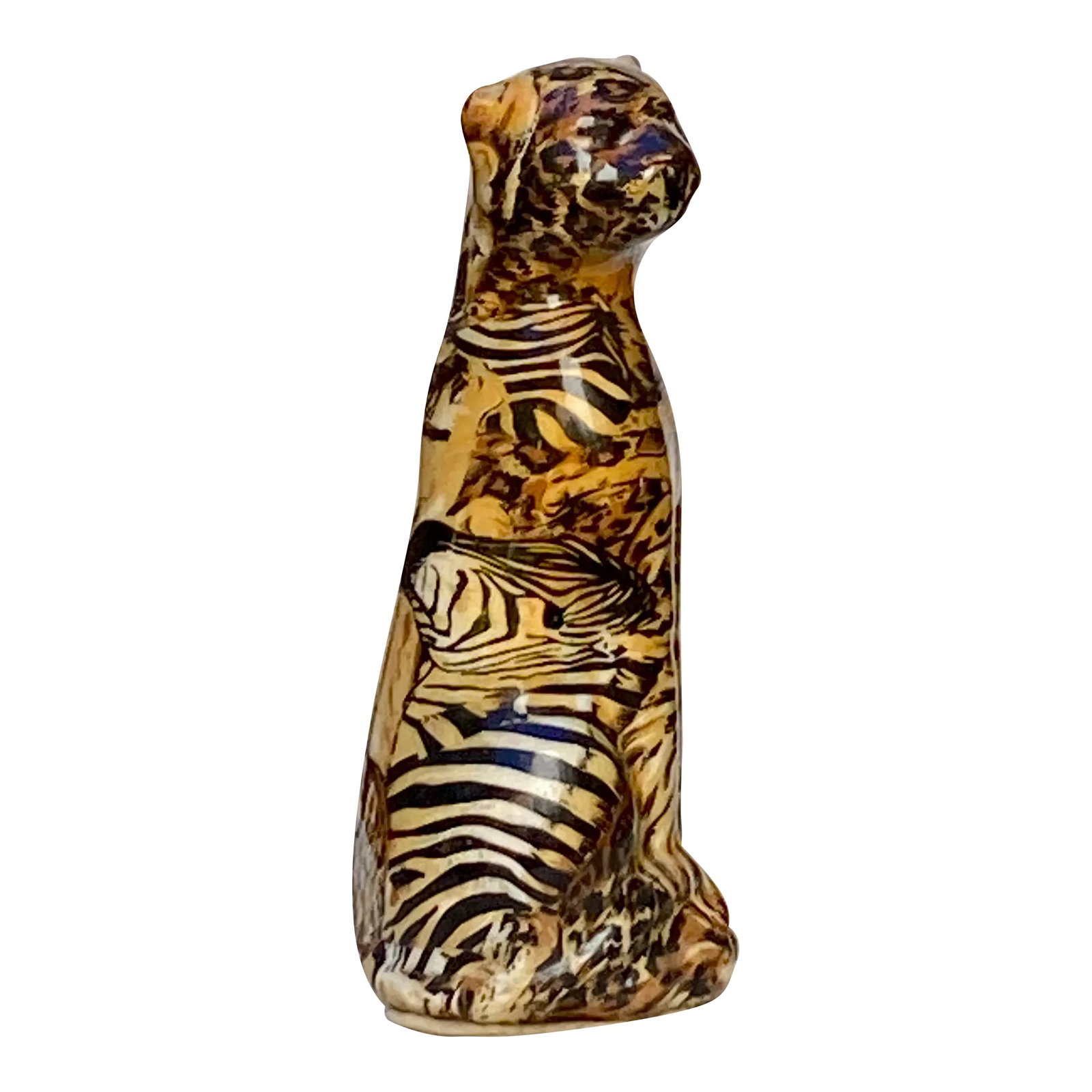 1980s Cheetah Figurine La Vie African Safari: Adorable Cheetah safari printed background ceramic ideal for a garden, bookshelf or anywhere it gives you joy looking at it :) Condition: Alterations: Original Condition Unaltered Imperfections: Some