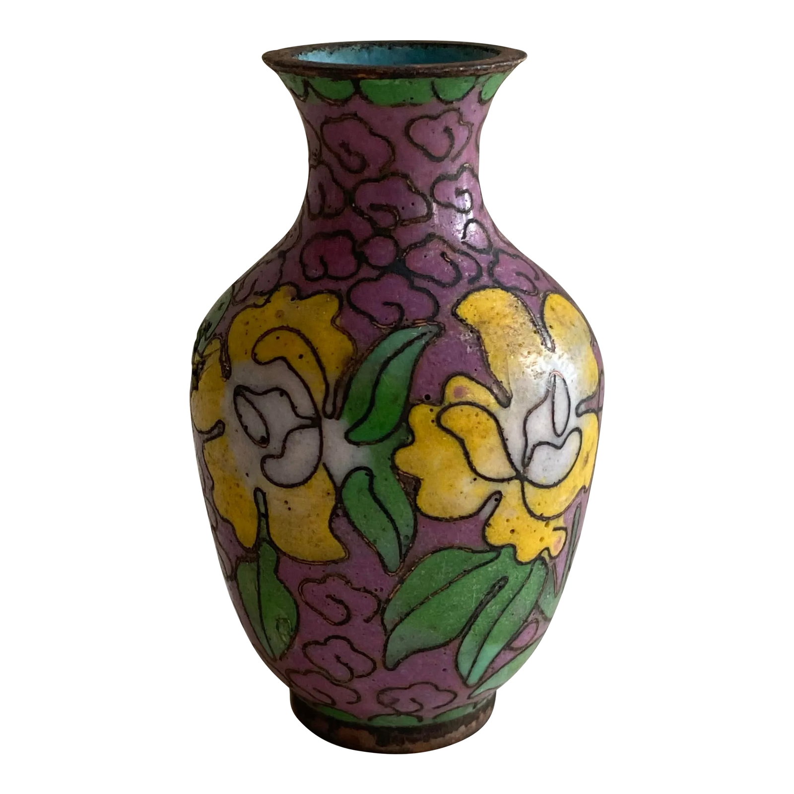 Antique Chinese Cloisonne Miniature Vase: Antique 19th century Chinese miniature cloisonne vase. The beautiful color is an orchid pink /purple color with yellow flowers. This beautiful vase is a perfect little accent to a collection of Asian 