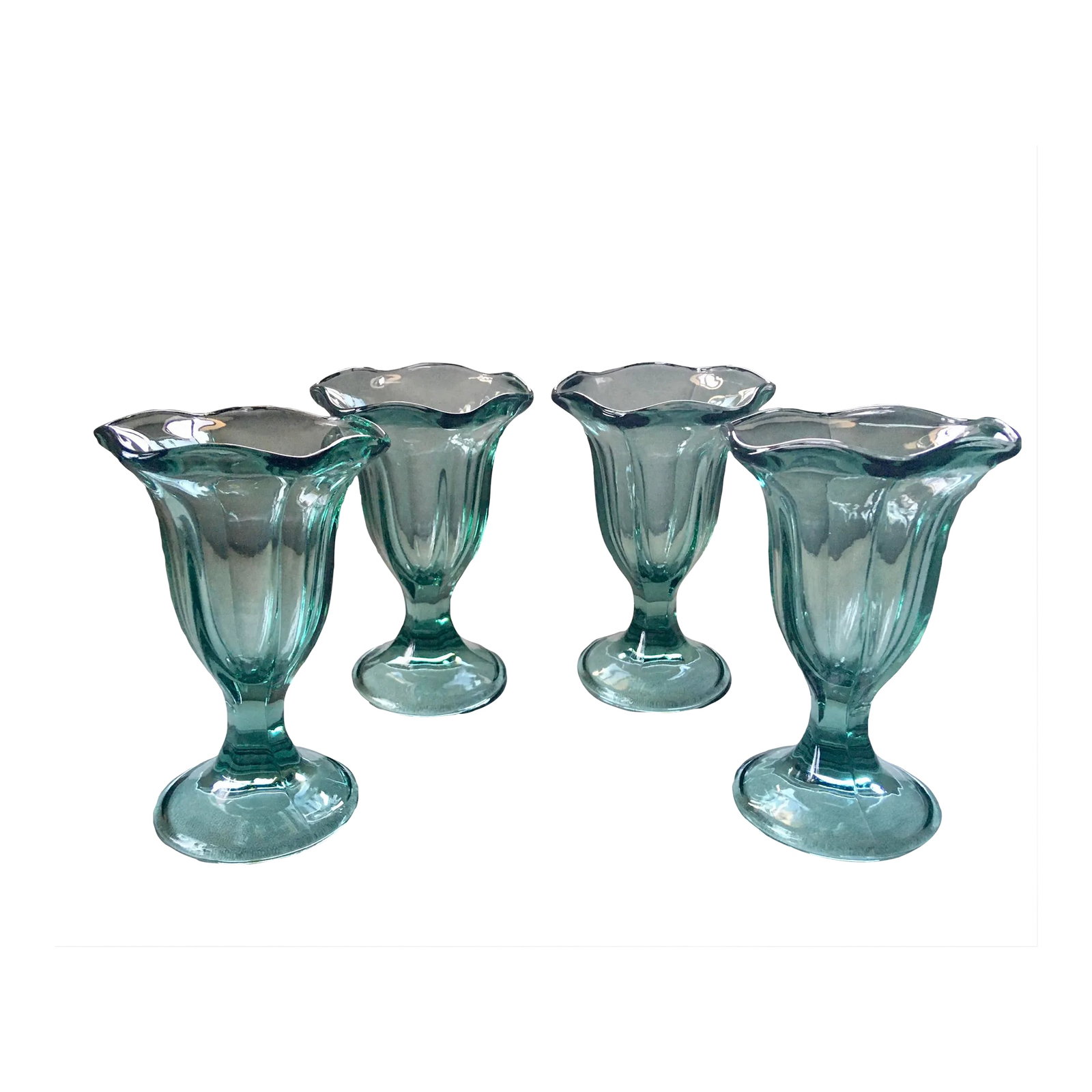 Vintage Anchor Hocking Green Fountain-Ware Parfait Glasses- Set of 4: A set of four vintage parfait glasses made of a translucent light greenish blue glass with a wavy rim on a round foot. Great for ice cream, desserts or drinks! Ships within 1-2 days using USPS. All