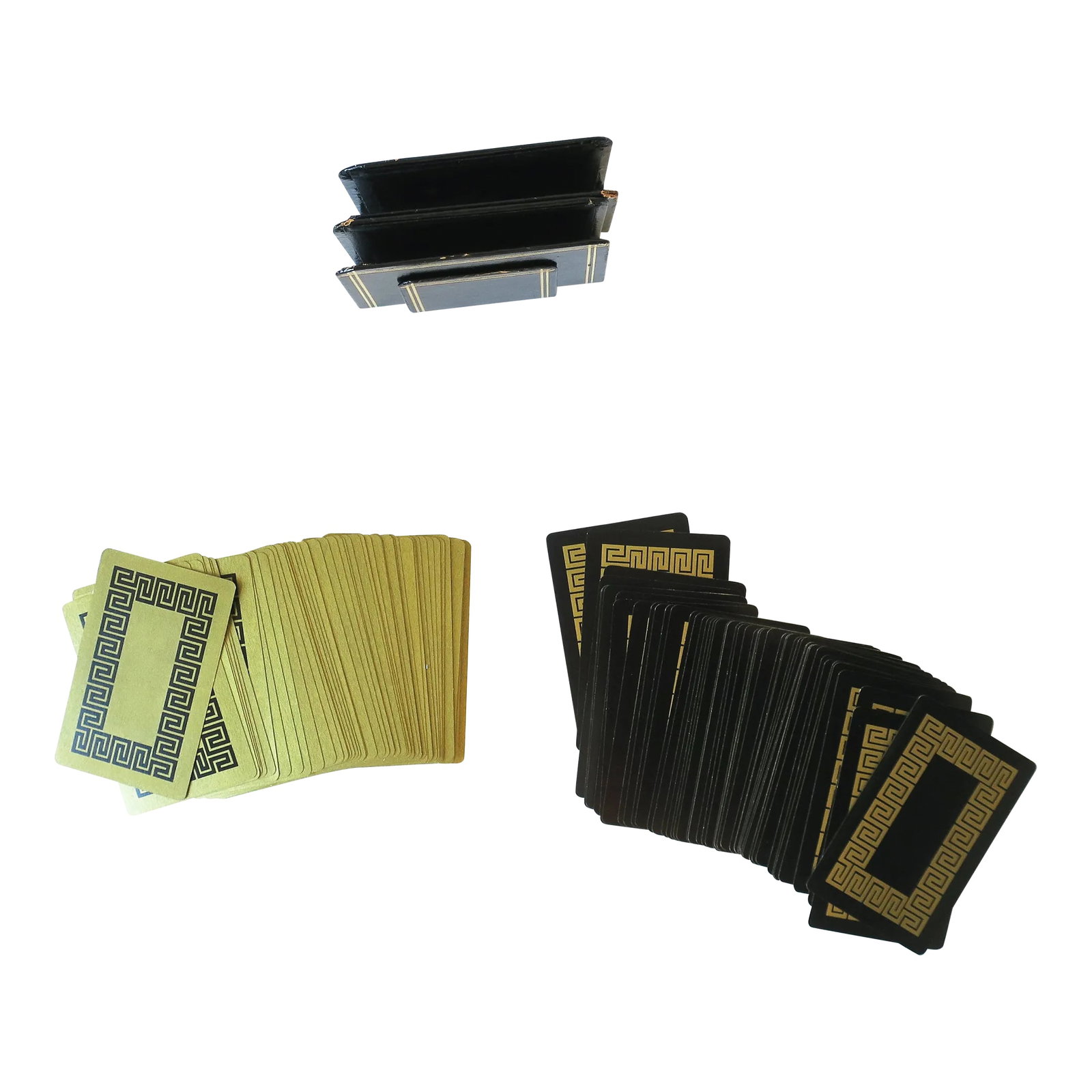 Vintage Playing Cards in Black and Gold With Greek Key Design: A beautiful set of vintage playing cards in black and gold with Greek-Key design, circa mid-20th century, Europe, possibly Italy. This set of two decks reside in original high-gloss black and gold