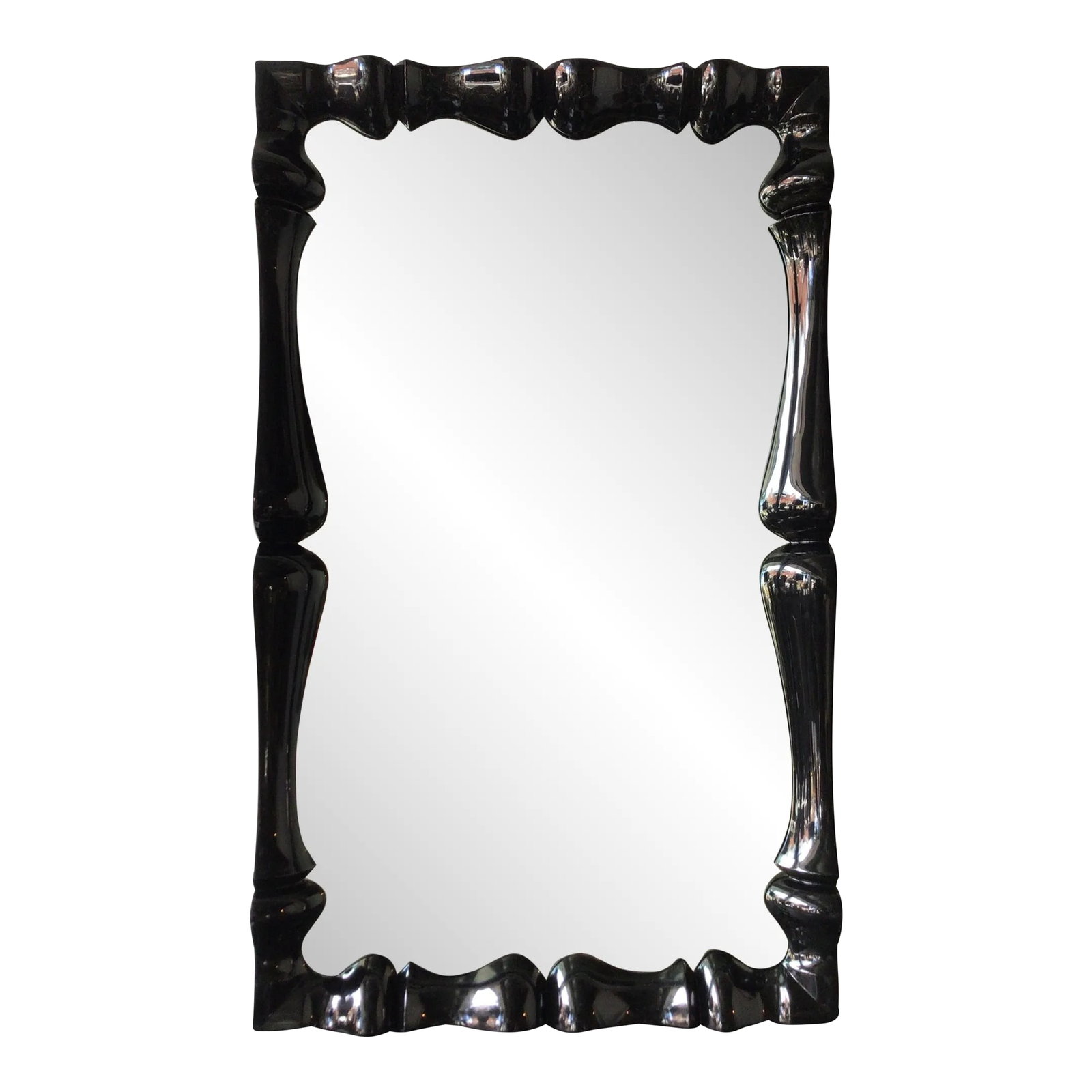 1990s Reeves Art & Design Black Louis Louis Mirror: Reeves Louis Louis mirror .Frame made of Laminated and turned MDF in high gloss black polyurethane. Condition: Alterations: Unknown Imperfections: Some Imperfections Condition Notes: Good Wear
