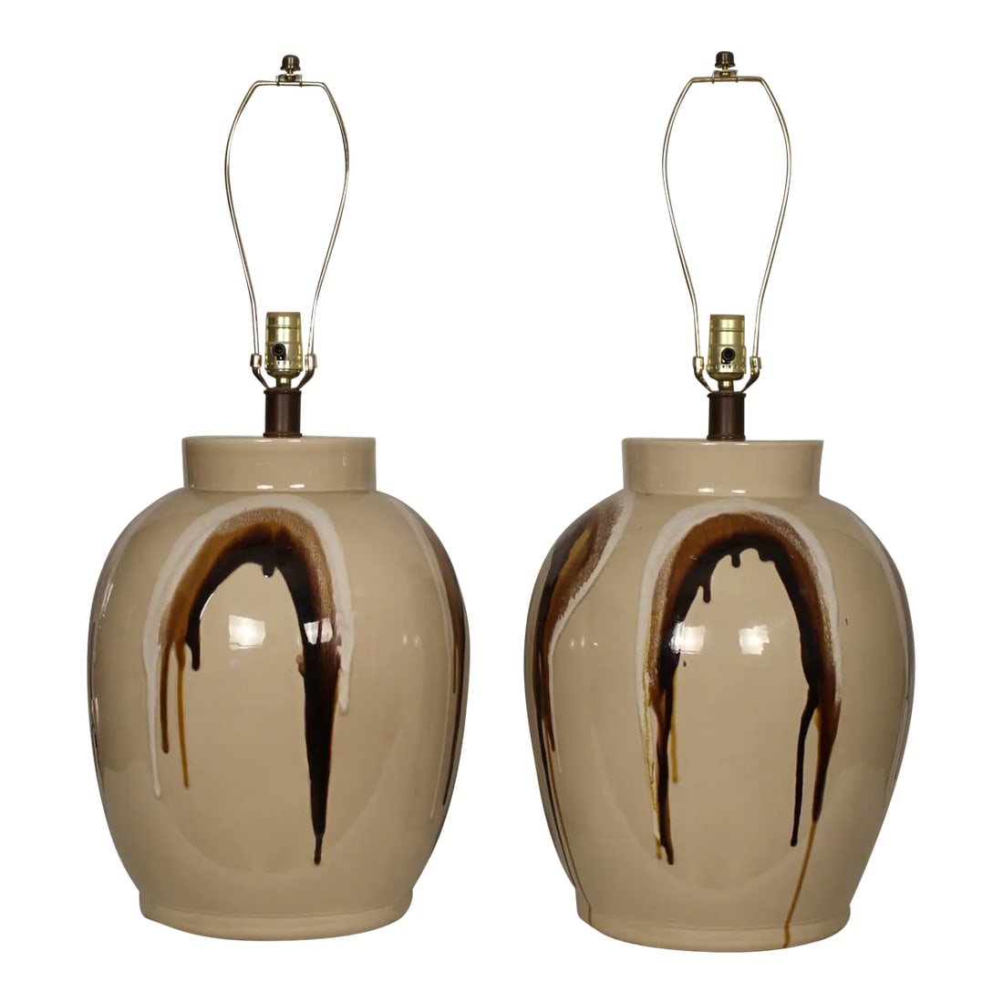 Mid 20th Century Large Scale Jane and Gordon Martz Style Lamps - a Pair: Large scale drip glaze ceramic table lamps. These lamps have presence. Beautiful taupe glaze with simple drip glaze overlay. Somewhat bulbous. A influence of Jane ad Gordon Martz. Dimensions are 20