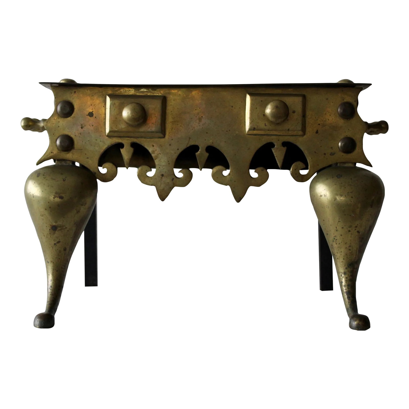 Vintage Victorian English Style Brass Fireplace Footman Kettle Trivet: Vintage English Style Brass Fireplace Footman Kettle Trivet, Legs Rivet Head Detail Gothic Style Stool Plant Stand Side Table Condition: Alterations: Original Condition Unaltered Imperfections: Some