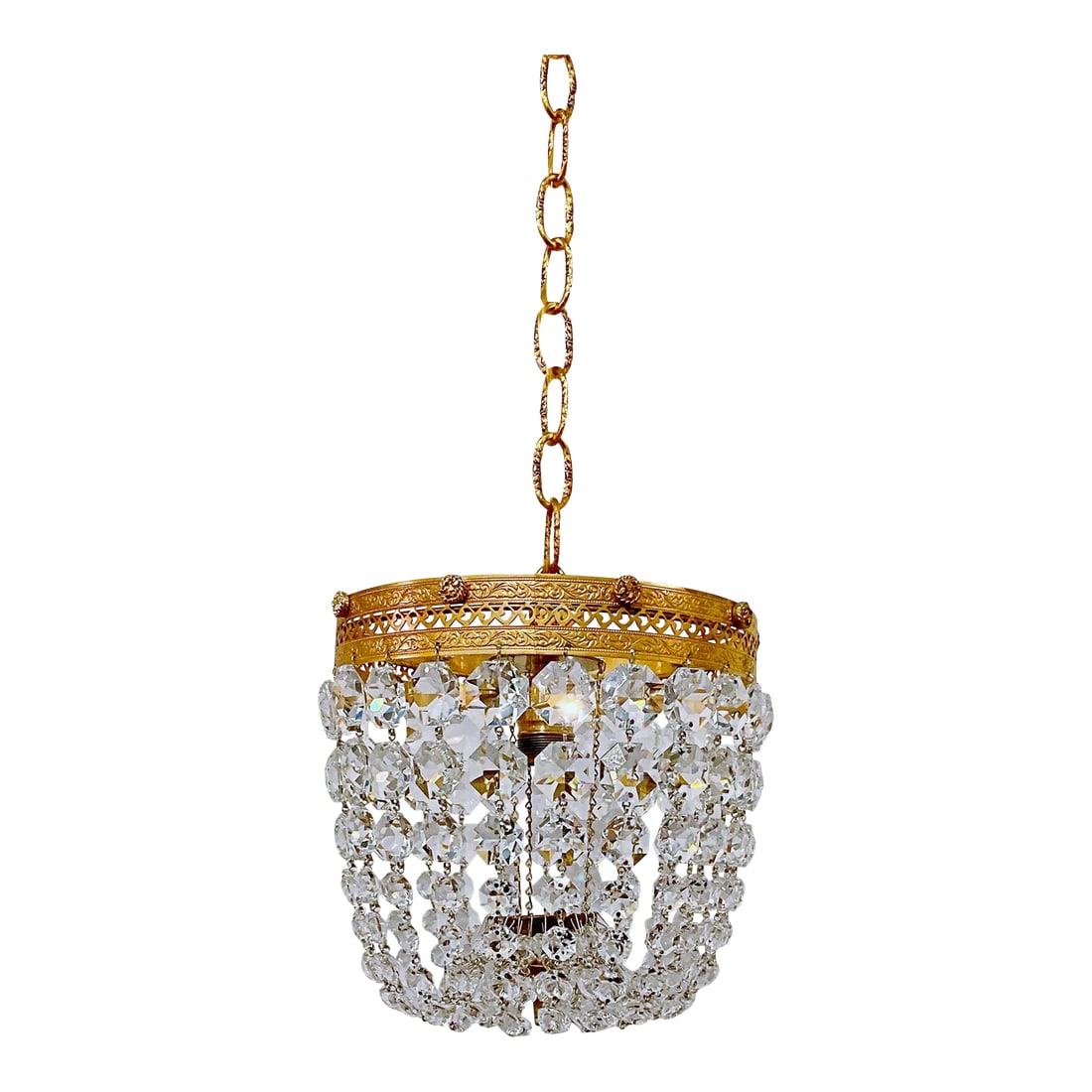 1950s Italian Brass Basket Chandelier: This is adorable vintage brass frame basket chandelier with graduated crystal chain. It has one Edison based socket that has been rewired and replaced. The socket can used either 100W regular