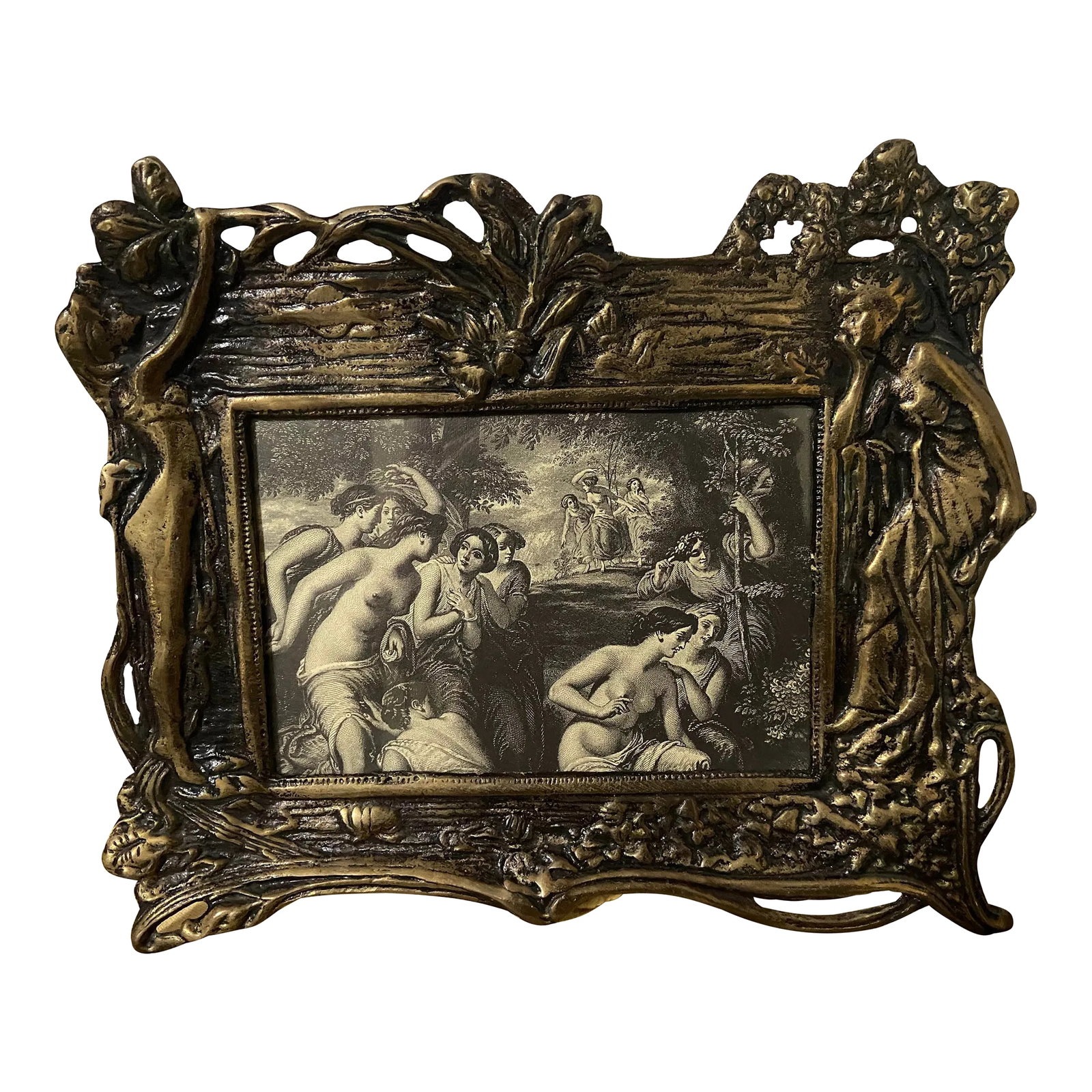 Mid 20th Century Art Deco Lady Brass Picture Frame: Art Devi French Brass Picture Frame With 2 ladies left & Right Picture in frame has a print reproduction. Of art nouveau women. Is removable Has a handle in back seats out to stand up frame Frame has