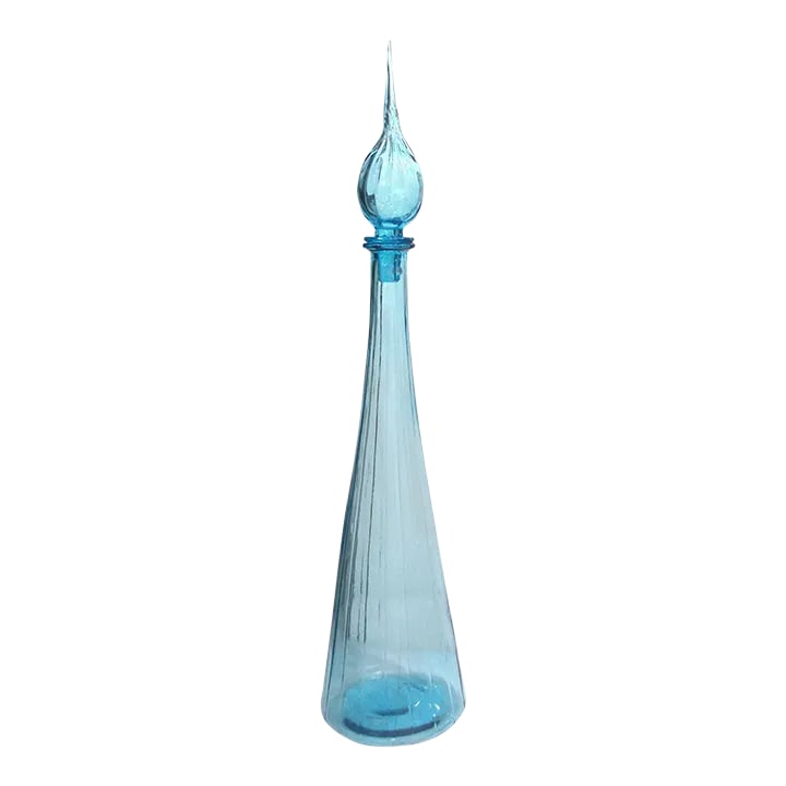 1960s Vintage Tall Light Blue Italian Glass: 1960s Vintage Tall Light Blue Italian Decanter 27"H x 6"D Condition: Alterations: Original Condition Unaltered Imperfections: Some Imperfections Condition Notes: Many antique glass pieces have tiny