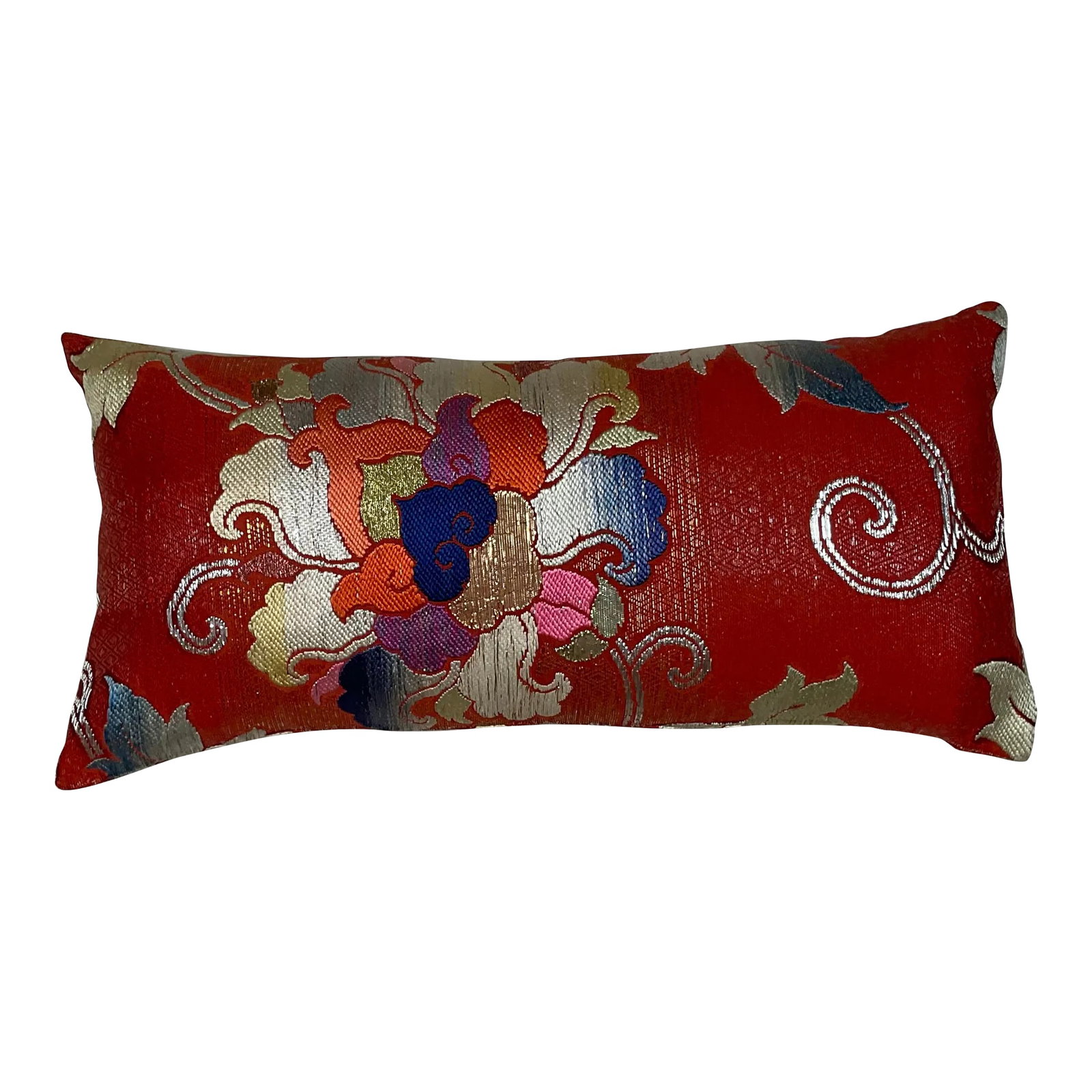 Vintage Single Double-Sided Pillow: Beautiful pillow made of silk gold and silver metallic threads, exceptional double side floral motif. New quality insert. Condition: Alterations: Original Condition Unaltered Imperfections: Some