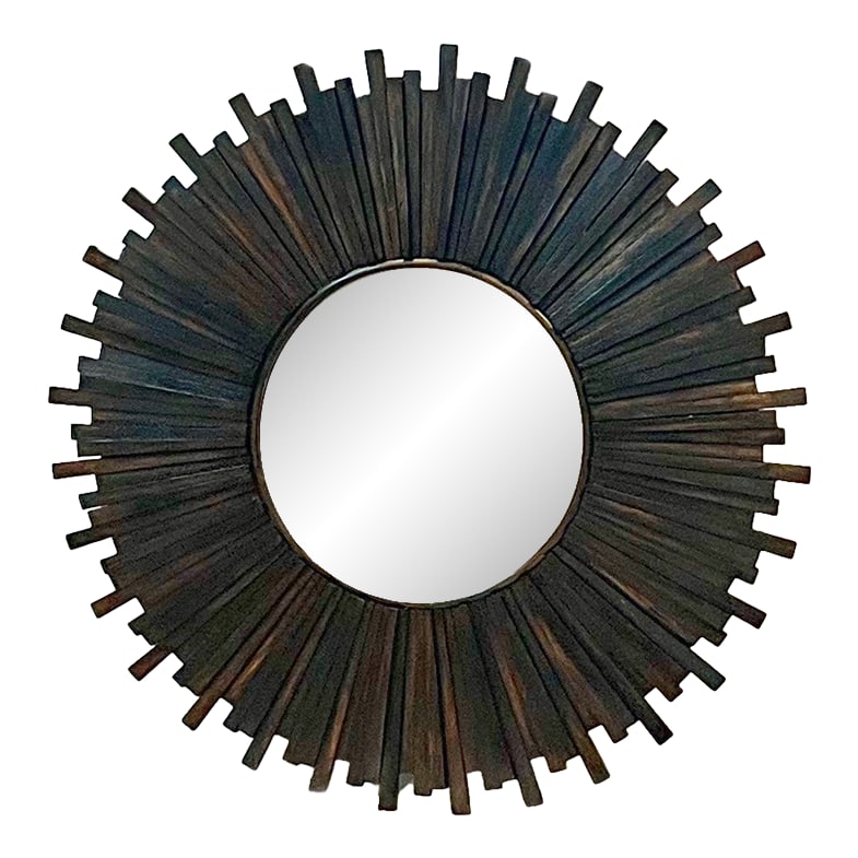 1970s Large Solid Wood Sunburst Mirror: Sunburst mirror made of solid wood with a wood backing, as well. The wooden "rays" have a rustic look -- a little rough/jagged rather than sanded down -- which give it character and definitely make