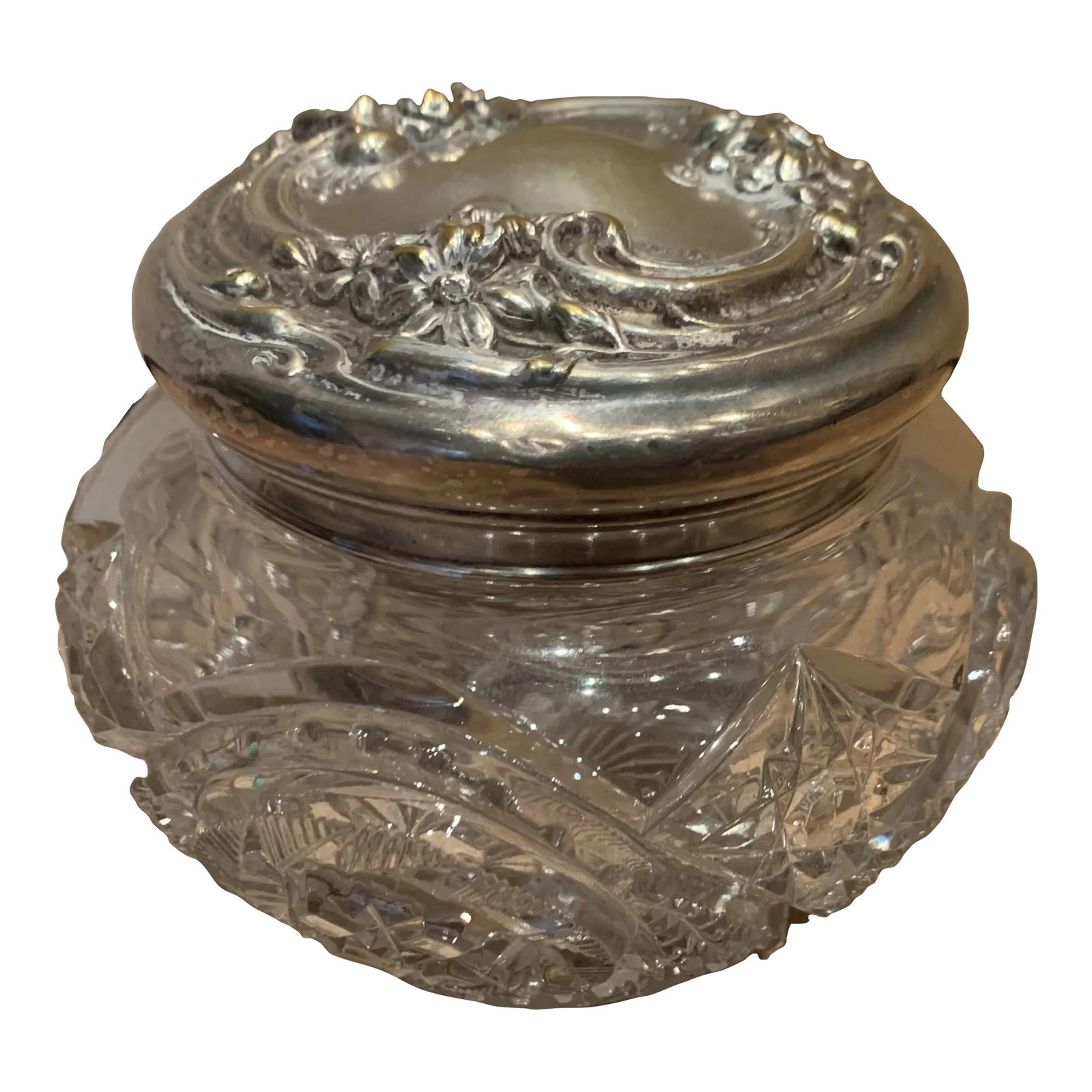 1920s Glass Boudoir Jar: Turn of century Antique boudoir jar with decorative silverplate lid and etched glass detail on jar. Condition: Alterations: Original Condition Unaltered Imperfections: Some Imperfections Condition