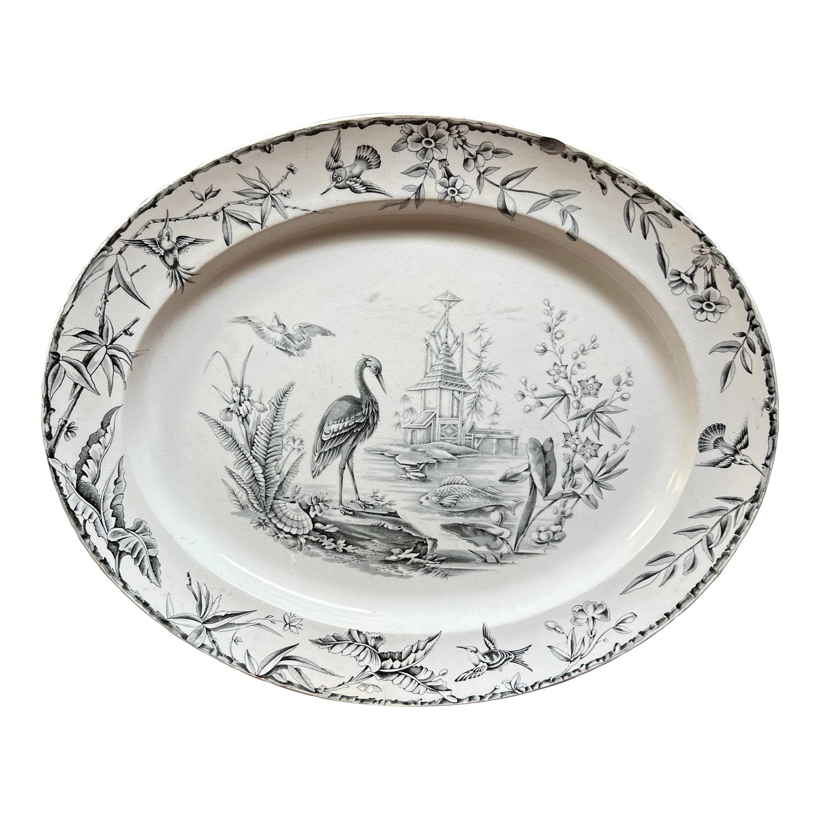 Early 20th Century Chinoiserie Platter: Black and white chinoiserie platter with beautiful designs throughout. The perfect edition for your collection. Condition: Alterations: Original Condition Unaltered Imperfections: Some Imperfections