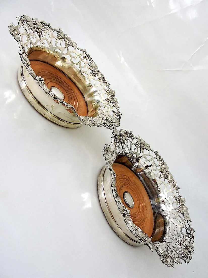 Fine Antique Victorian English Silver Plate Reticulated Wine or Champagne Bottle Coasters - A Pair - 4