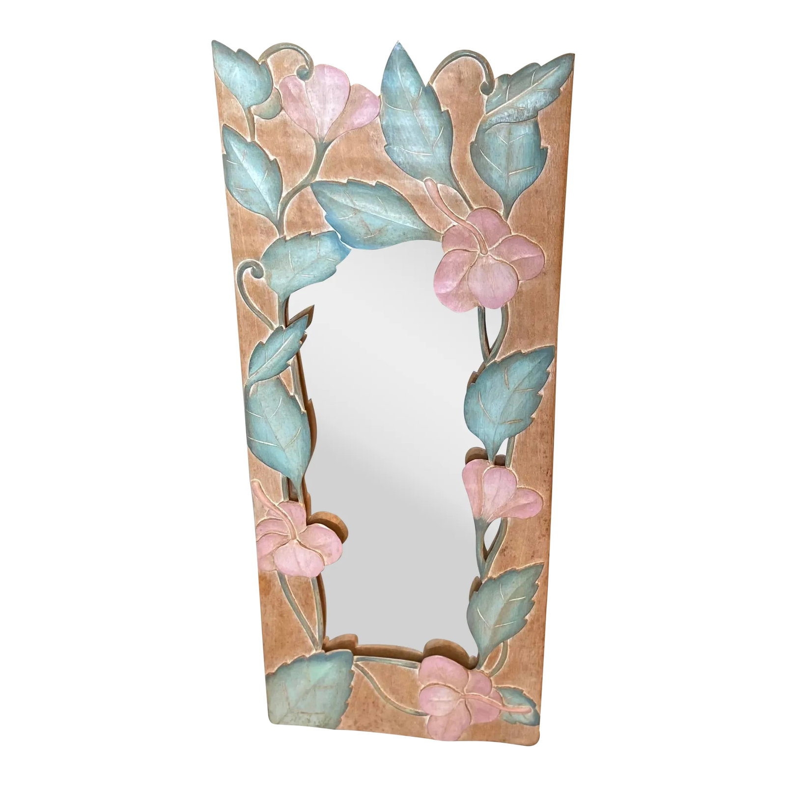 Vintage Mid 20th Century Wood Mirror With Pink and Blue Flowers: Cute vintage wood mirror featuring a border of pink and blue flowers on a peachy / tan background. Perfect to use anywhere. Condition: Alterations: Original Condition Unaltered Imperfections: Some