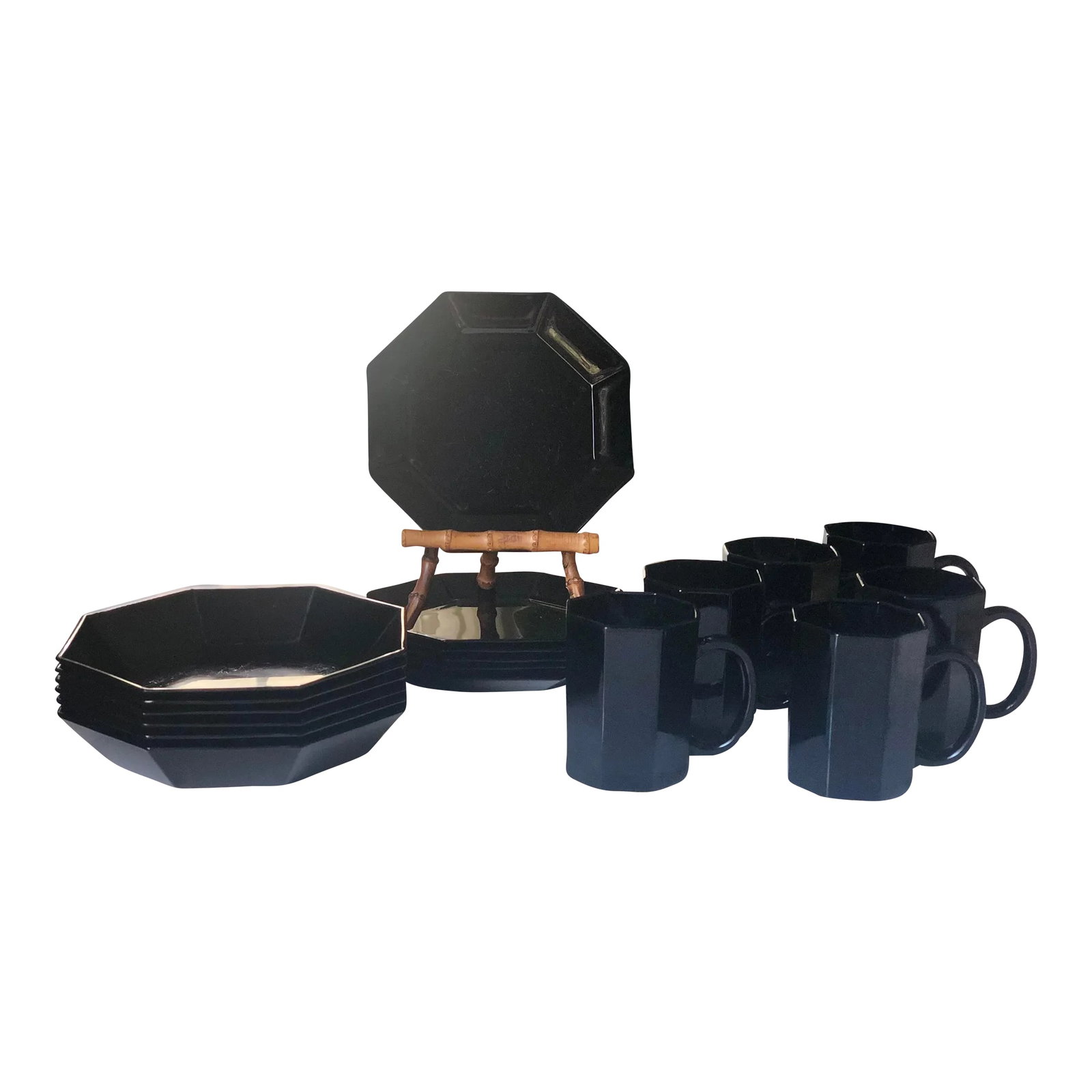 1980s Arcoroc France "Octime" Place Setting for Six- 18 Pieces: Bring a modern touch to a lunch setting with Arcoroc'a Octime design, an iconic Art Deco pattern made in France in the 1980s. All pieces are eight sided, made of opaque black glass, and marked France 