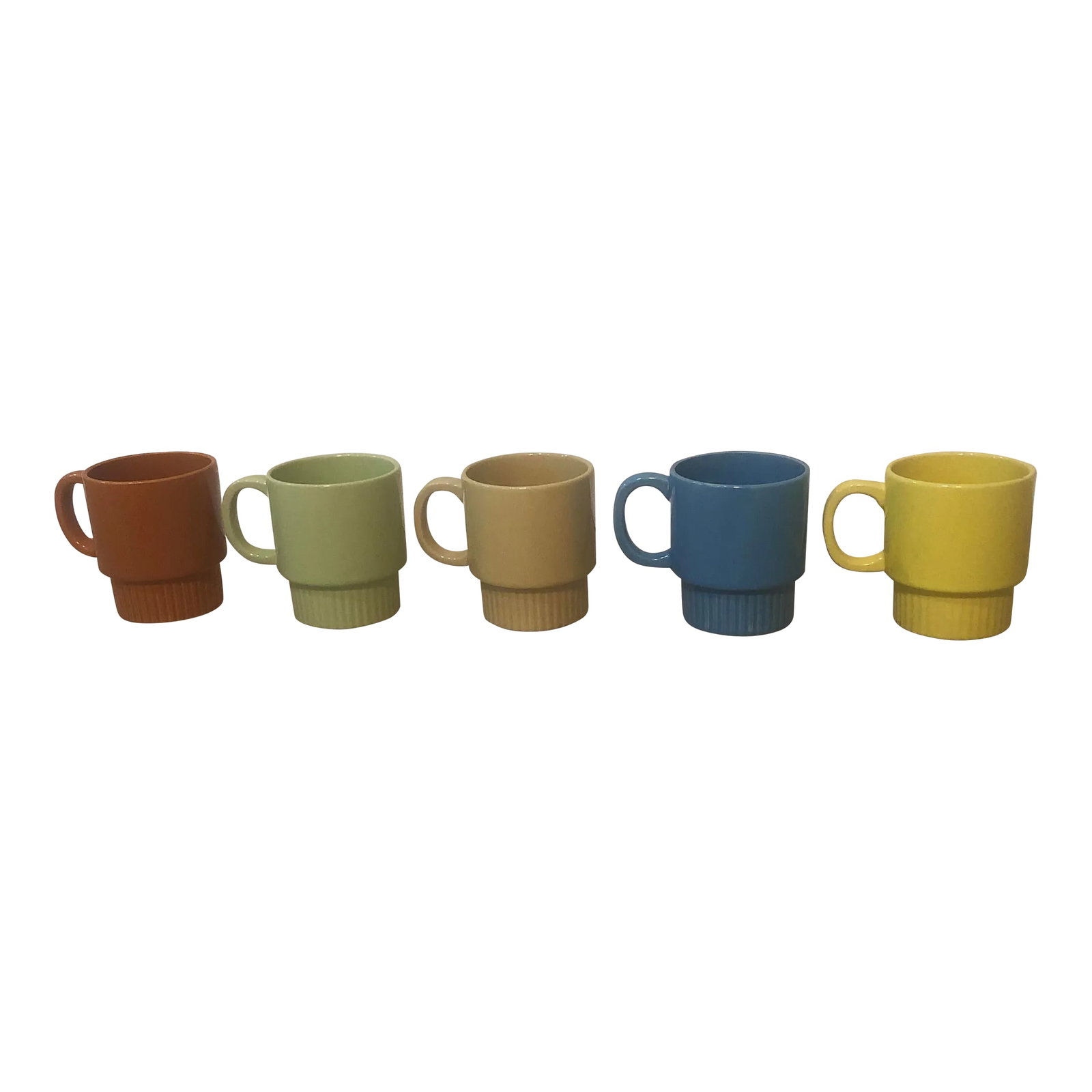 Mid-Century Modern Rainbow Stacking Mugs Made in Japan - Set of 5: These vintage Midcentury Stacking Cups are fabulous and are the perfect size to fit in any cabinet- they stack on their own! There are 5 cups and 5 different colors: burnt orange, pale green, beige,