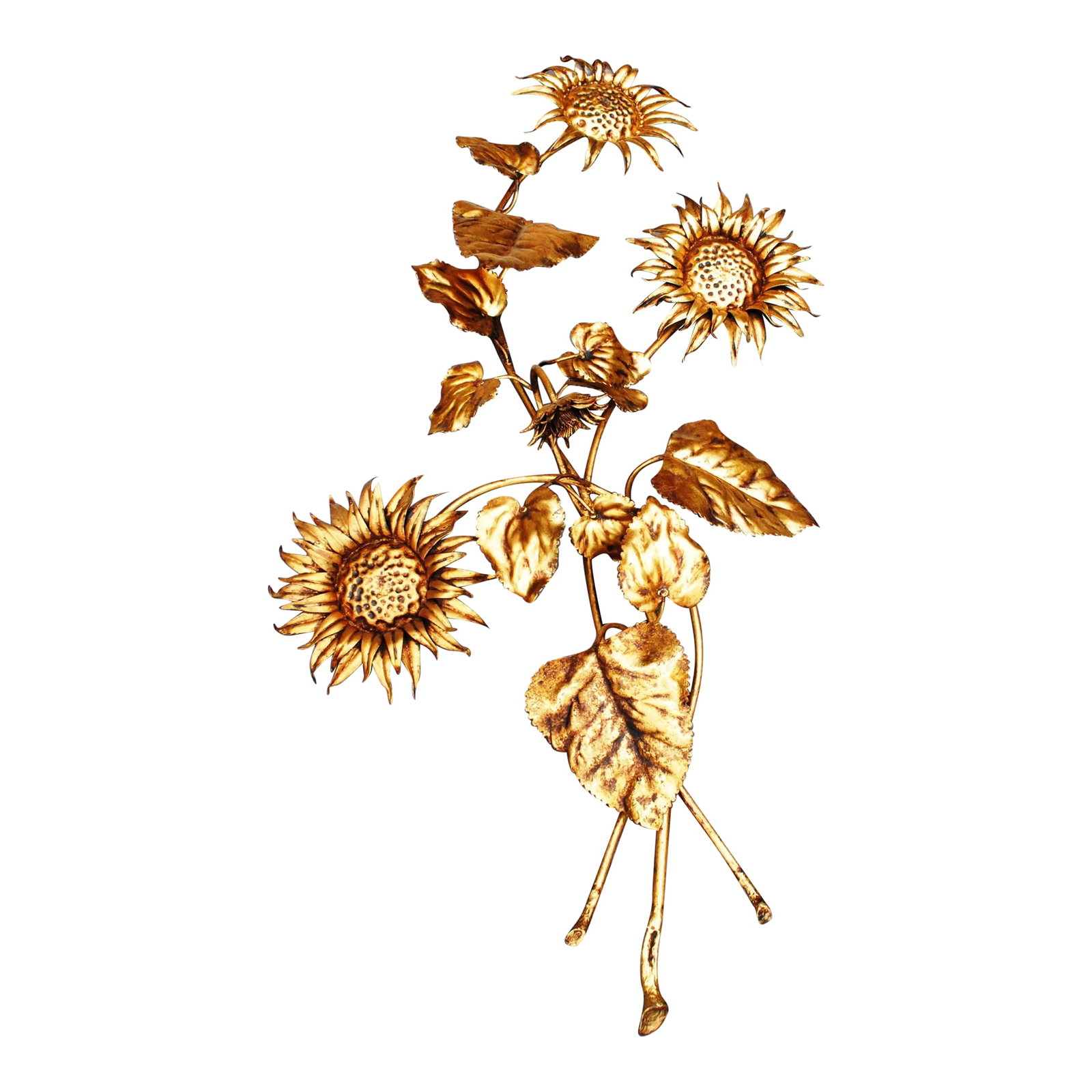 Vintage Large Metal Gold Sunflower Bouquet Wall Decor: Love Sunflowers? This beautiful metal wall sculpture is a large bouquet of sunflowers! It has three open glorious blooms and one new bloom. It is finished in antiqued gold and seems to jump right off