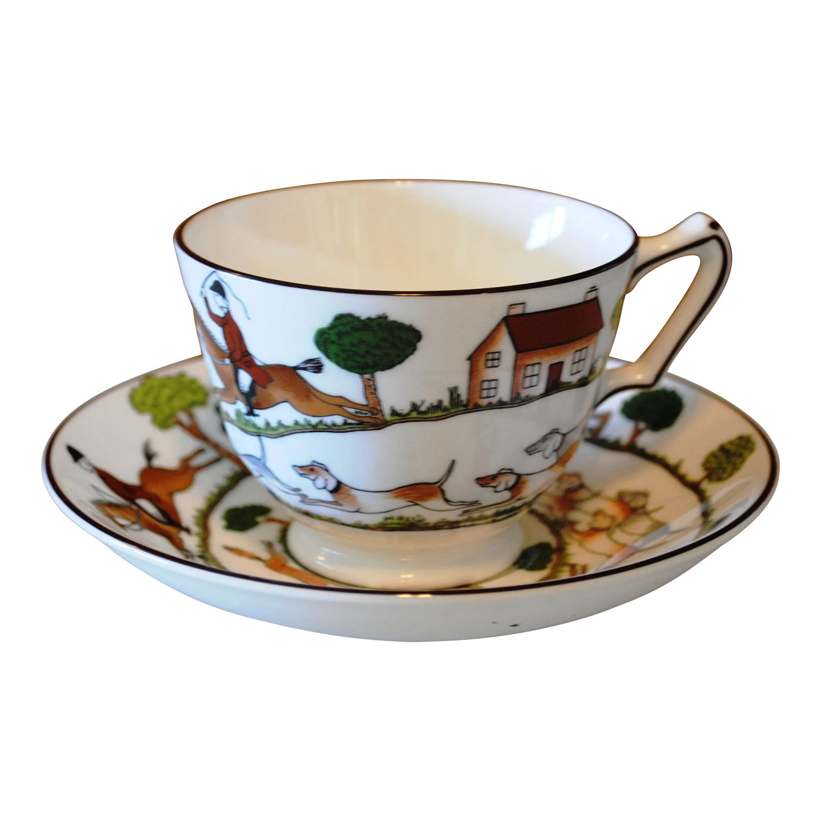 Mid 20th Century Coalport Hunting Scene Cup and Saucer Set- 2 Pieces: Coffee cup and saucer by Coalport, fine bone china, Made in England. The pattern is "Hunting Scene". Riders and hounds chase the fox around the cup and saucer in a very clever swirling pattern. Condit
