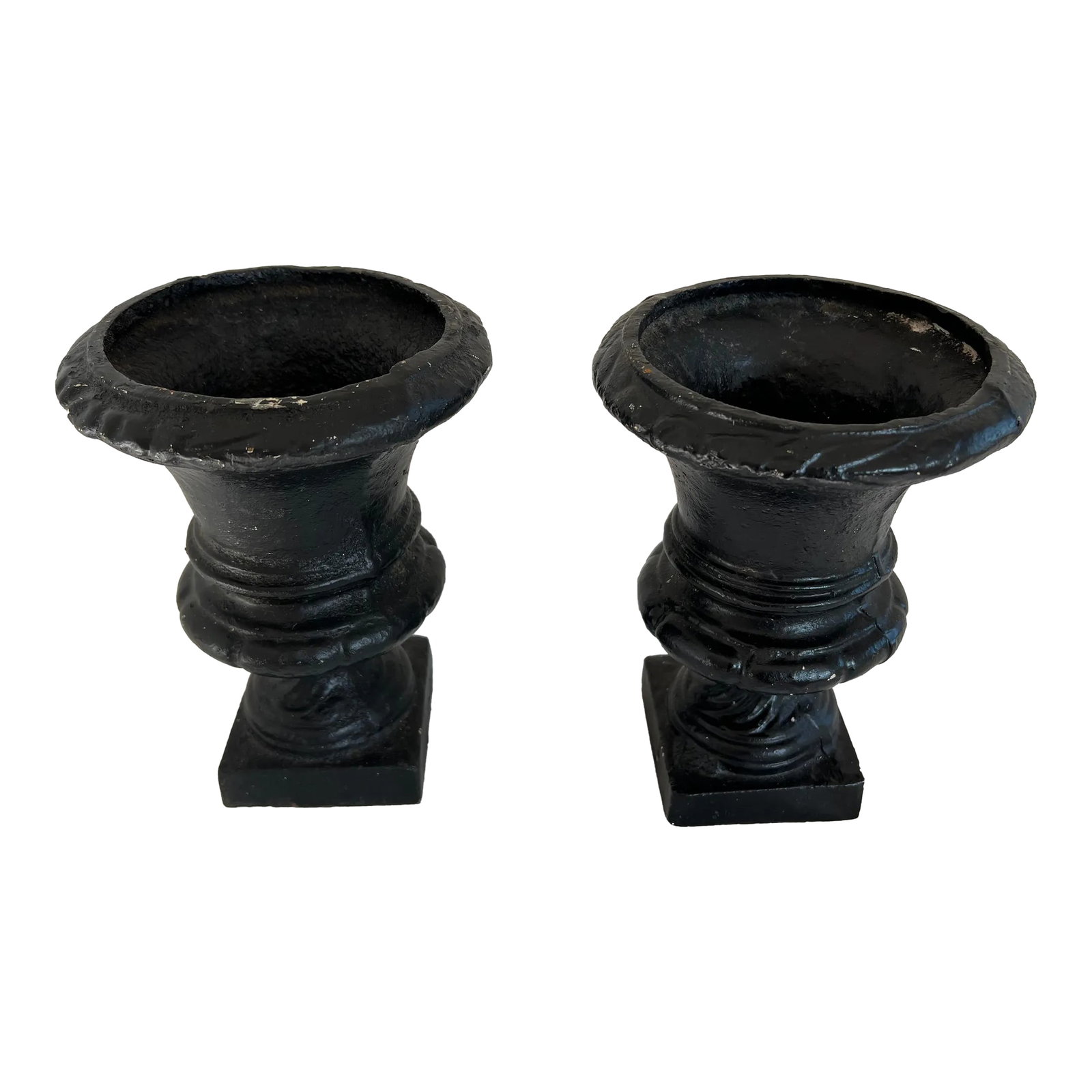 Late 20th Century Cast Iron Planters - a Pair: Older pair of 8" tall cast iron planters, perfect mantle, tables, or outdoors. They are 5.5" round and weigh right about 6 pounds each. These were casted in halves, see photos. They have been painted 