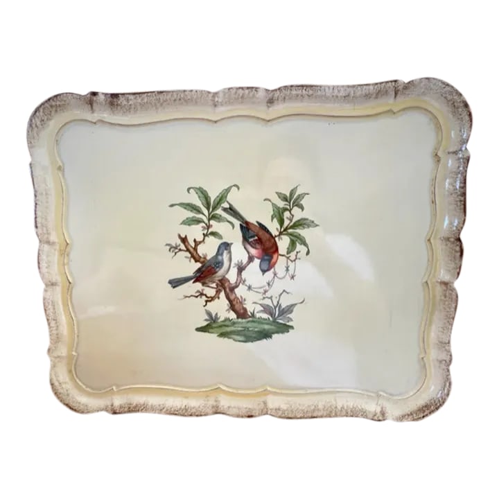 Early 20th Century Italian Birds Florentine Serving Tray: This is a beautiful Florentine wooden serving tray made in Italy. This vintage tray features birds in a tree detail with an antiqued edge. Perfect for a garden party, kitchen decor, wedding gift,