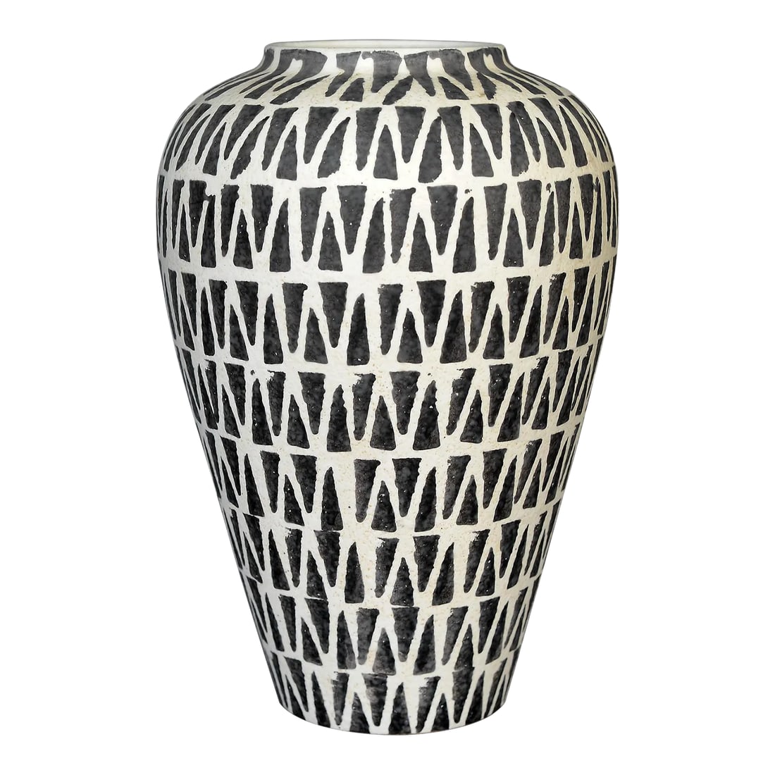 Mid Century Italian Black & White Abstract Pattern Ceramic Vase: Incredibly beautiful vintage MCM Italian ceramic vase with a striking abstract graphic black and white pattern from top to bottom. Quite substantially large vase approaching urn size at 11.5" high wit