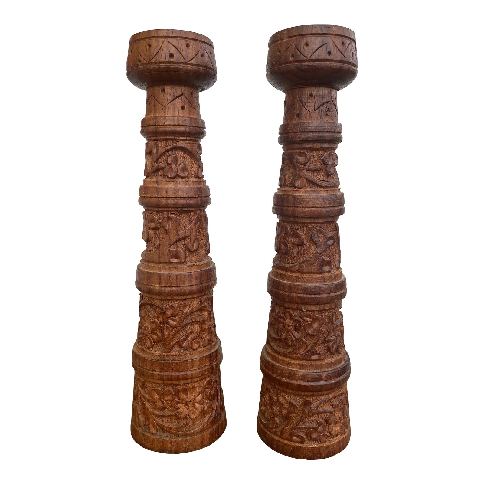 Vintage Carved Wood Moorish Style Candle Holders- a Pair: Vintage pair of carved wood (teak?) candlesticks/ tapered candle holders. Great textured flower pattern in a Moroccan/ boho style. "India" is embossed on the bottom of one. Perfect for a traditional,