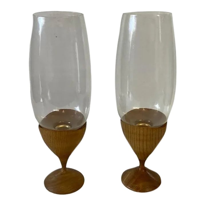 Pair of Danish Mid Century Hurricane Candle Holders: Pair of Danish mid century hurricane style candle stick holders. Great vintage condition. We don't think they've been used. Very cool danish design. Each Measures: 4" Diameter x 13 1/2"Tall Condition: