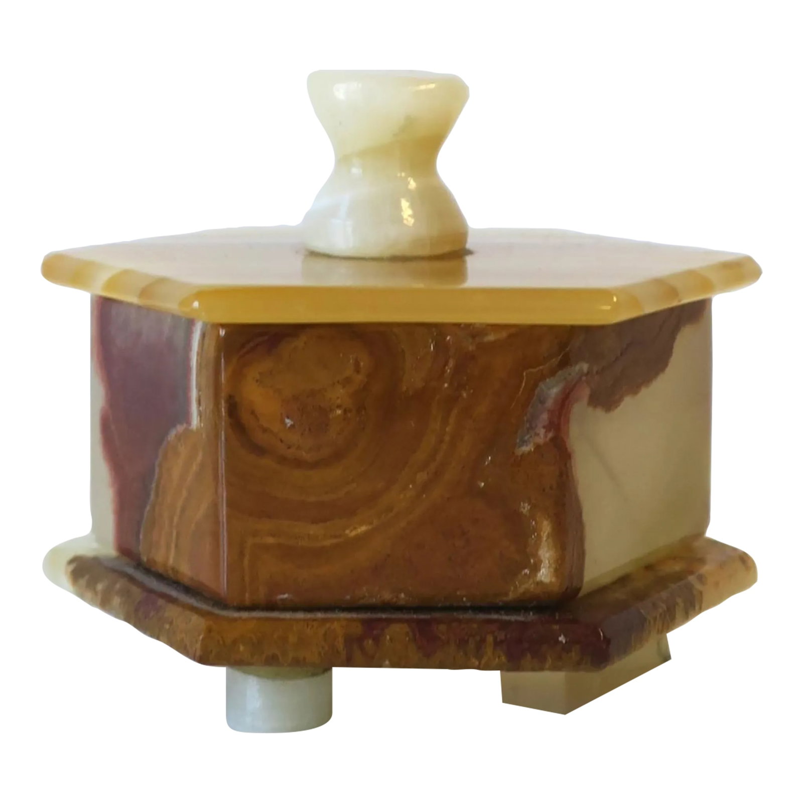 Onyx Marble Box: A small '70s modern hexagon shaped onyx box with lid, circa 1970s. Box is multicolored onyx, in a hexagon shape with lid and feet. A nice piece to hold small items on a desk, or small jewelry on a van