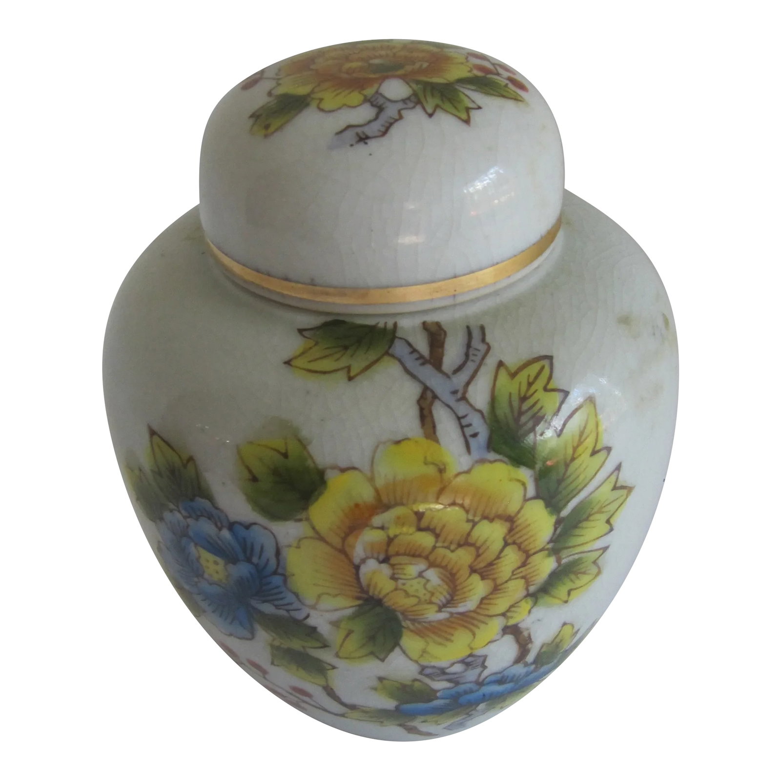 Vintage Ginger Jar With Yellow and Blue Flowers: Vintage Ginger Jar With Yellow and Blue Flowers, a beautiful piece to add to your collection. Could be used for incense, bath salts or just as decoration. COMBINED SHIPPING AVAILABLE. Condition: