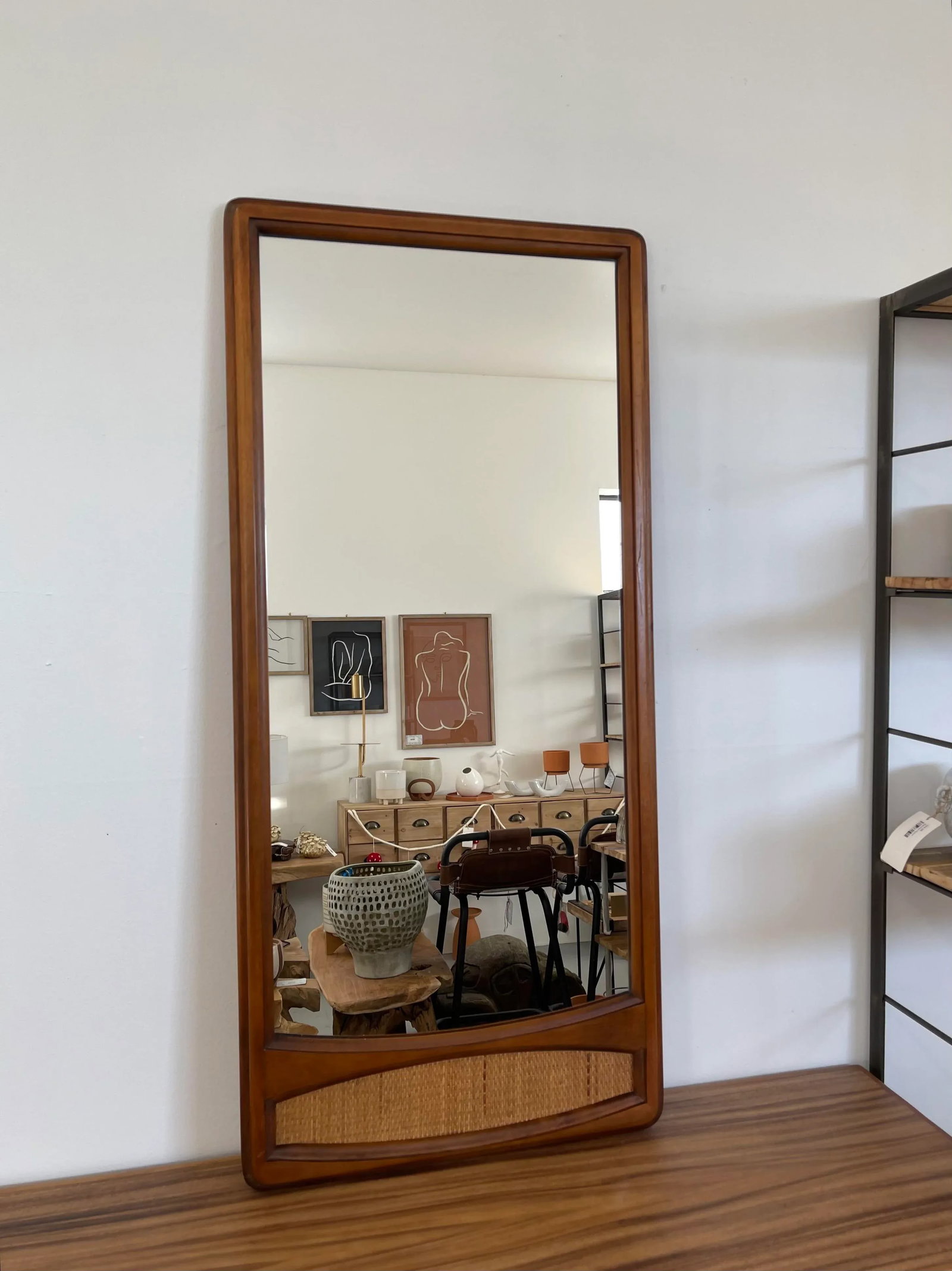 Vintage Wood Framed Mirror With Cane Insert - 2