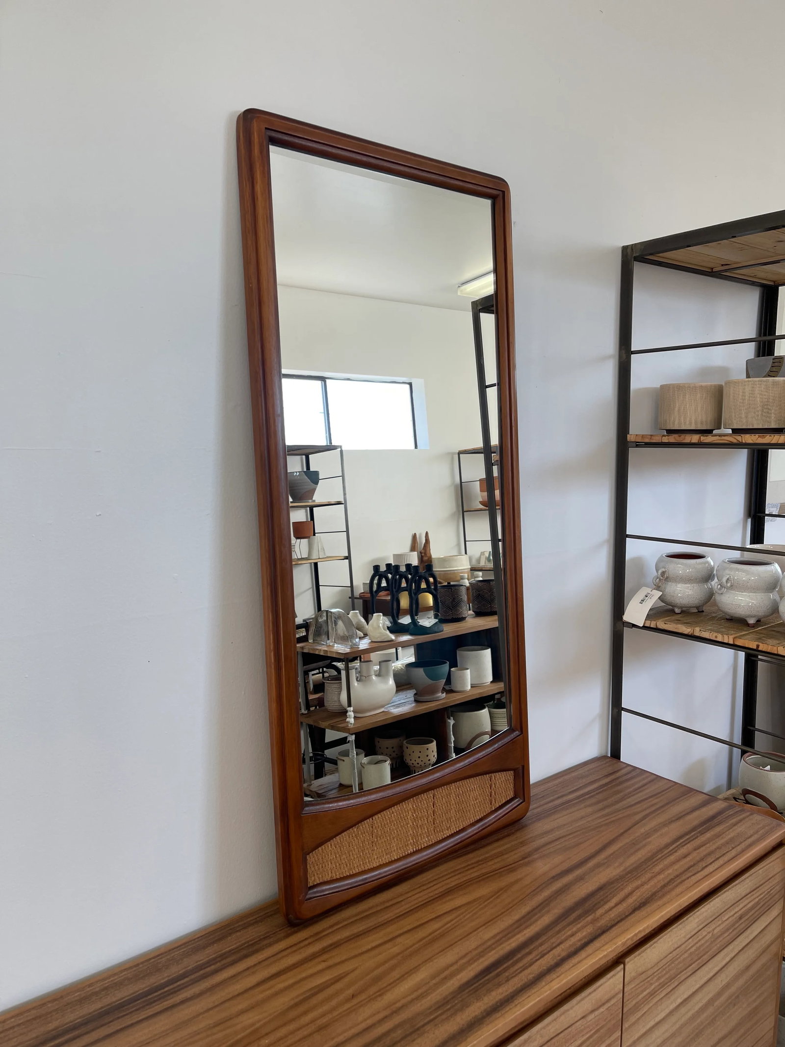 Vintage Wood Framed Mirror With Cane Insert - 3