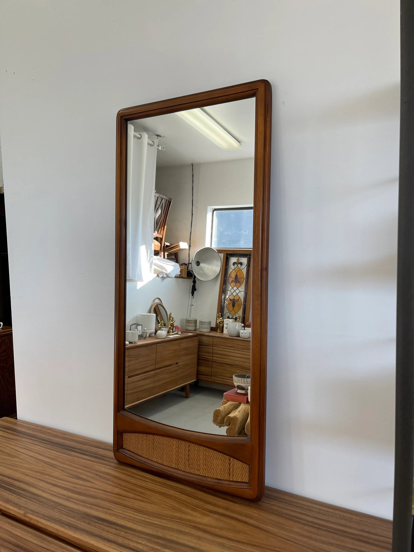 Vintage Wood Framed Mirror With Cane Insert - 4