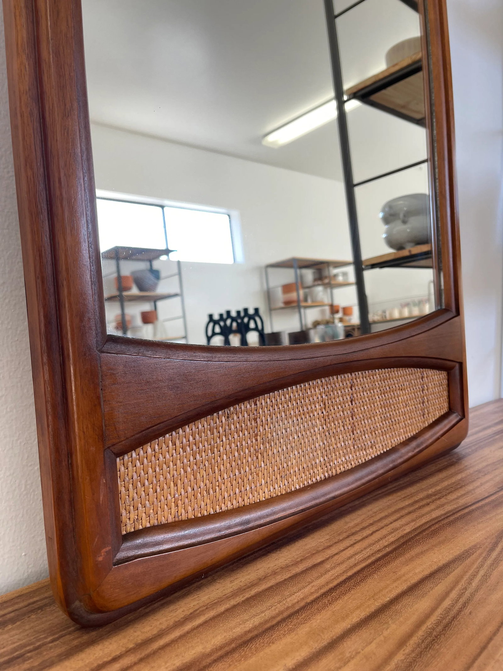 Vintage Wood Framed Mirror With Cane Insert - 5