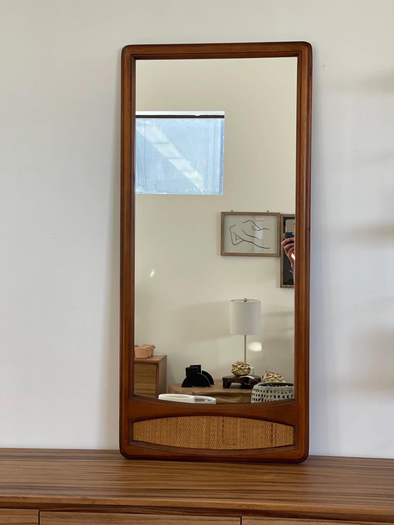 Vintage Wood Framed Mirror With Cane Insert - 6