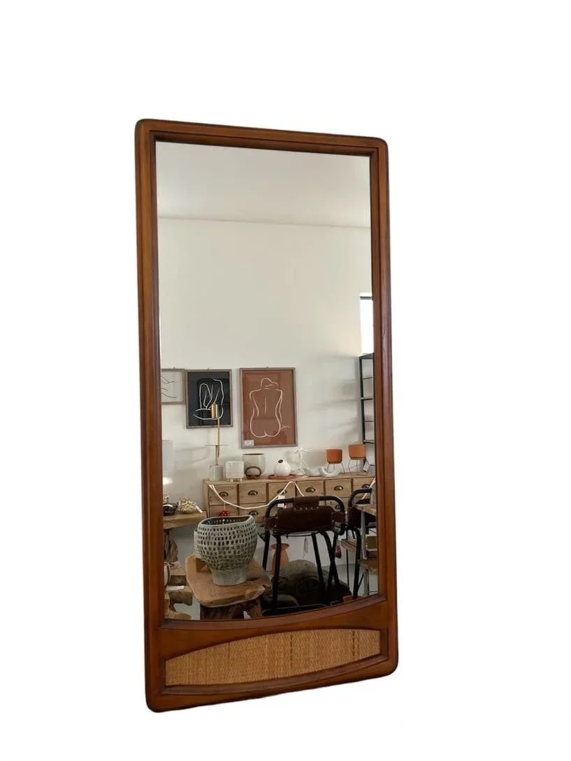 Vintage Wood Framed Mirror With Cane Insert - 7
