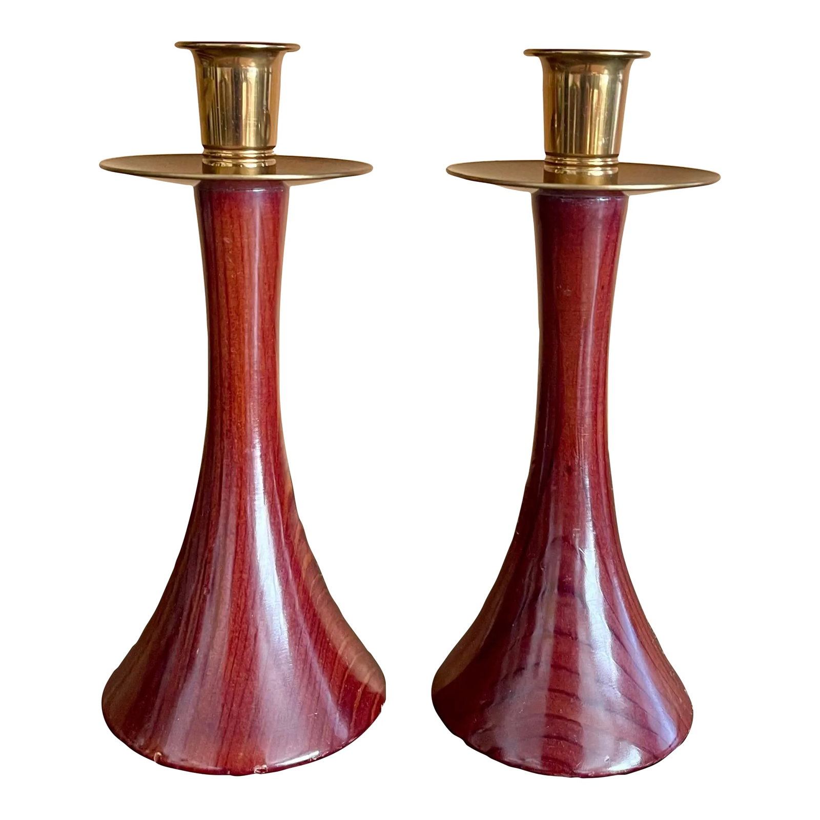 1960s Pair of Vintage Mid-Centry Redwood and Brass Candlesticks: Pair of lovely, sculptural spun redwood and brass candle sticks. Marked underneath. After some research these candlesticks were sold in the 1950's - 1960's and as souvenirs at the Trees of Mystery in 