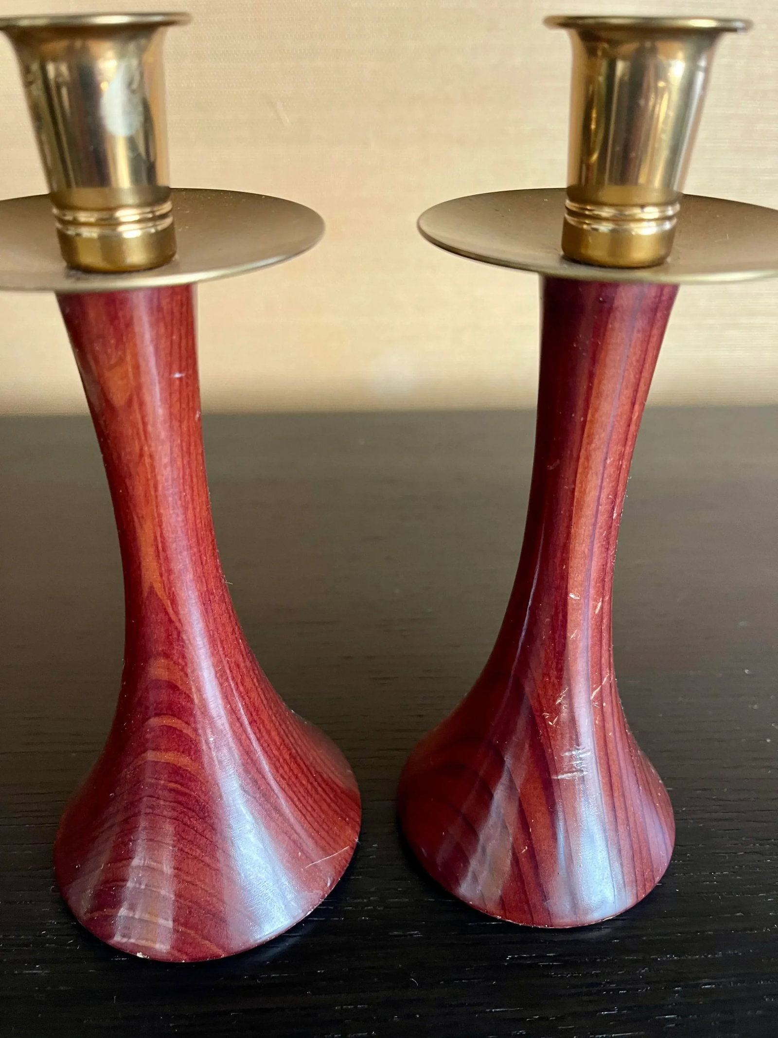 1960s Pair of Vintage Mid-Centry Redwood and Brass Candlesticks - 7