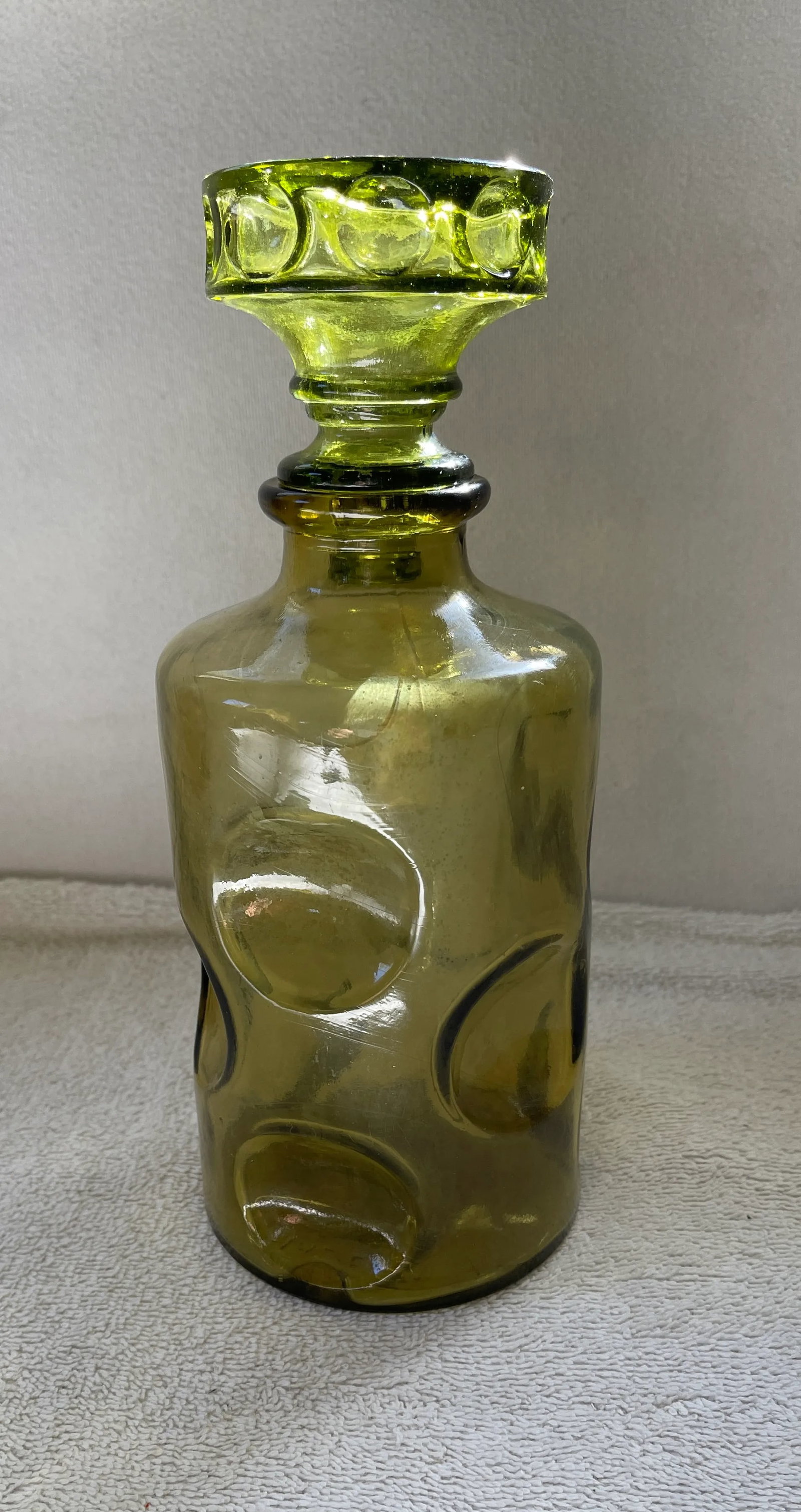 Vintage 1960's Olive Green Art Glass Decanter or Bottle With Stopper - 12