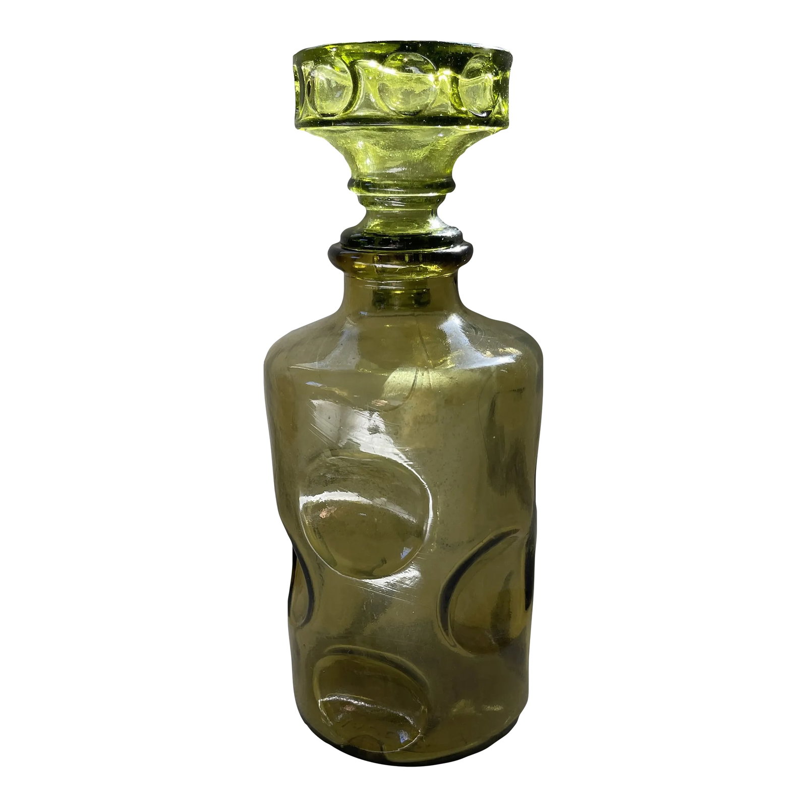 Vintage 1960's Olive Green Art Glass Decanter or Bottle With Stopper: Vintage Art Glass Italian 1960's Decanter with stopper in olive green color. Bottle has concave circles, typical of the 60's period. The stopper has a brighter green color, with concave pinch holes al