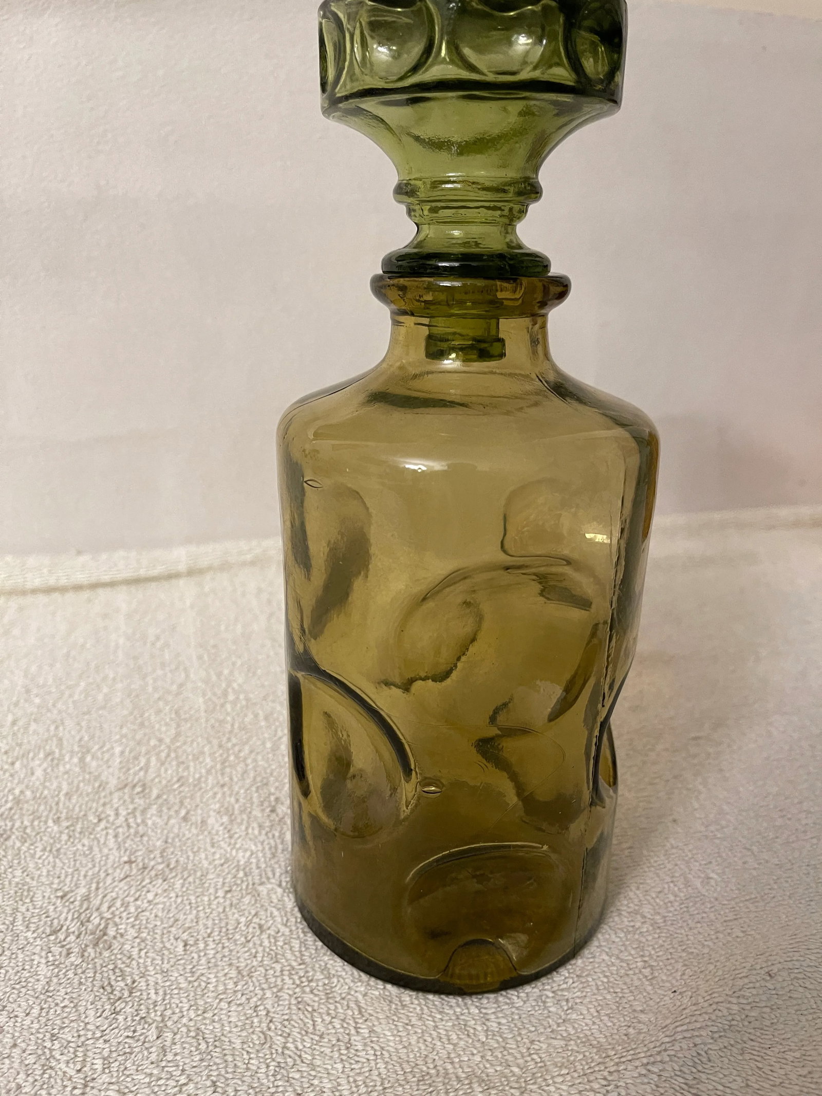 Vintage 1960's Olive Green Art Glass Decanter or Bottle With Stopper - 2