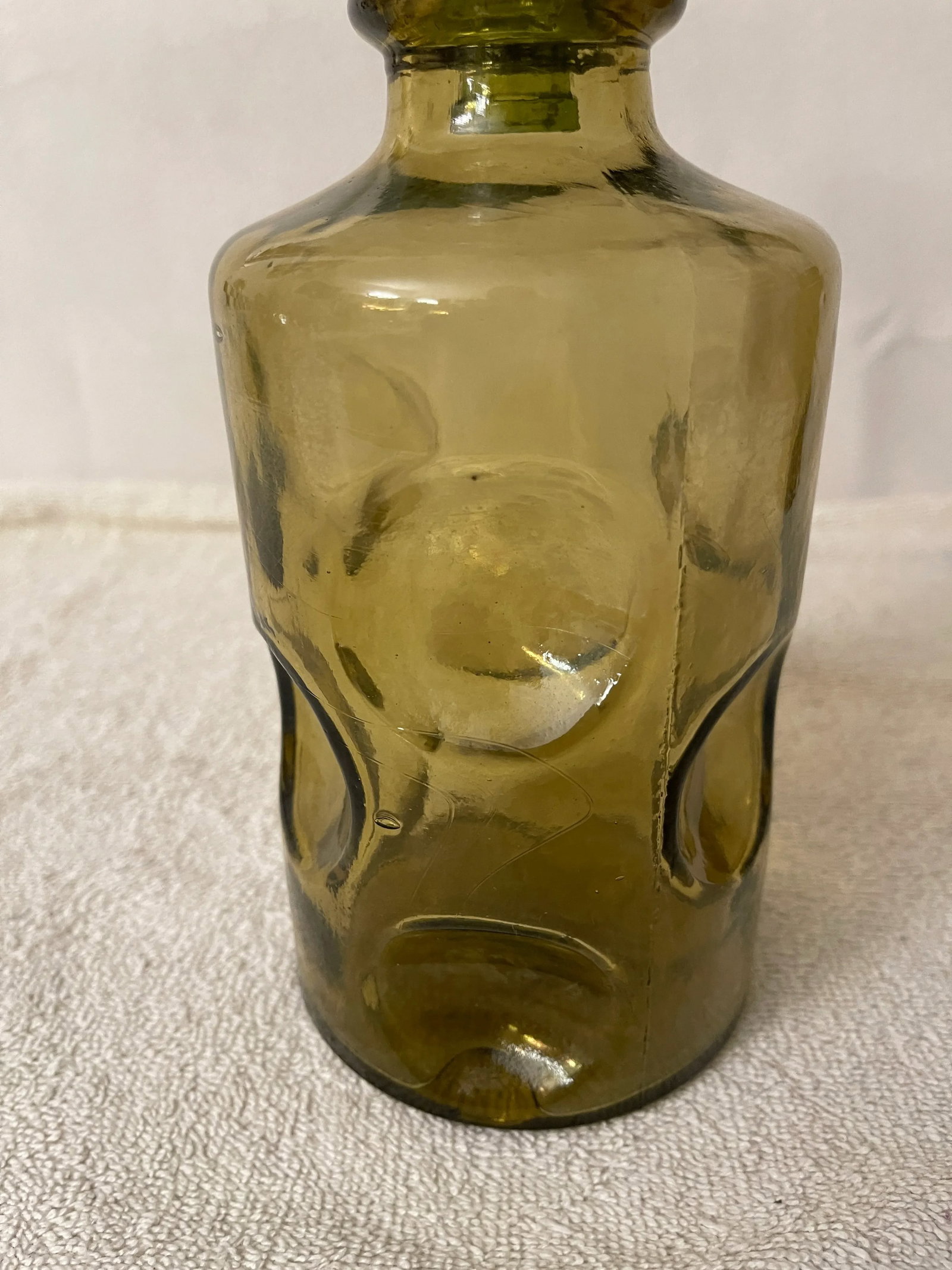 Vintage 1960's Olive Green Art Glass Decanter or Bottle With Stopper - 3