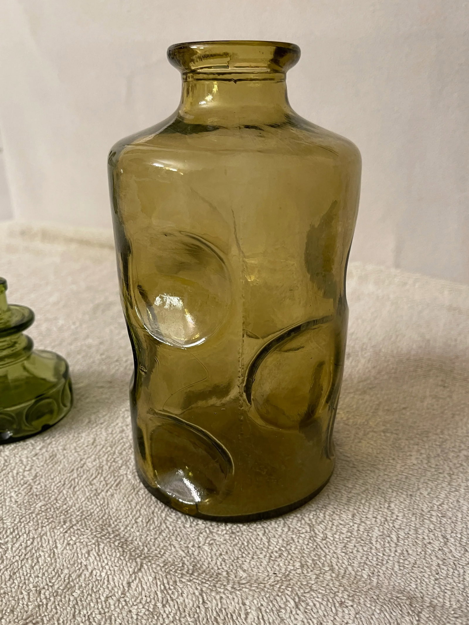 Vintage 1960's Olive Green Art Glass Decanter or Bottle With Stopper - 4