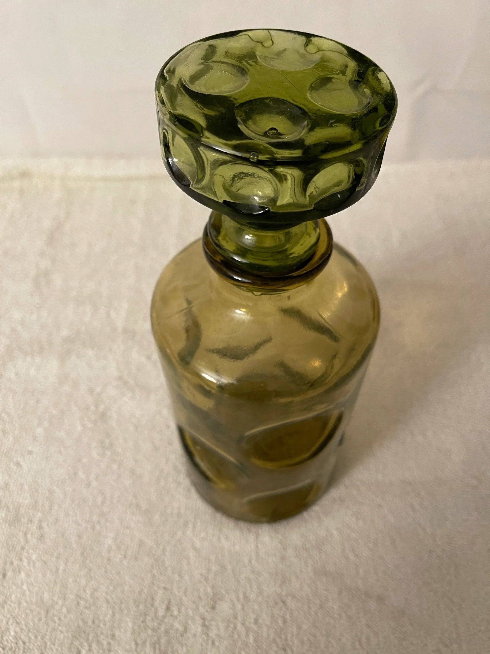 Vintage 1960's Olive Green Art Glass Decanter or Bottle With Stopper - 8